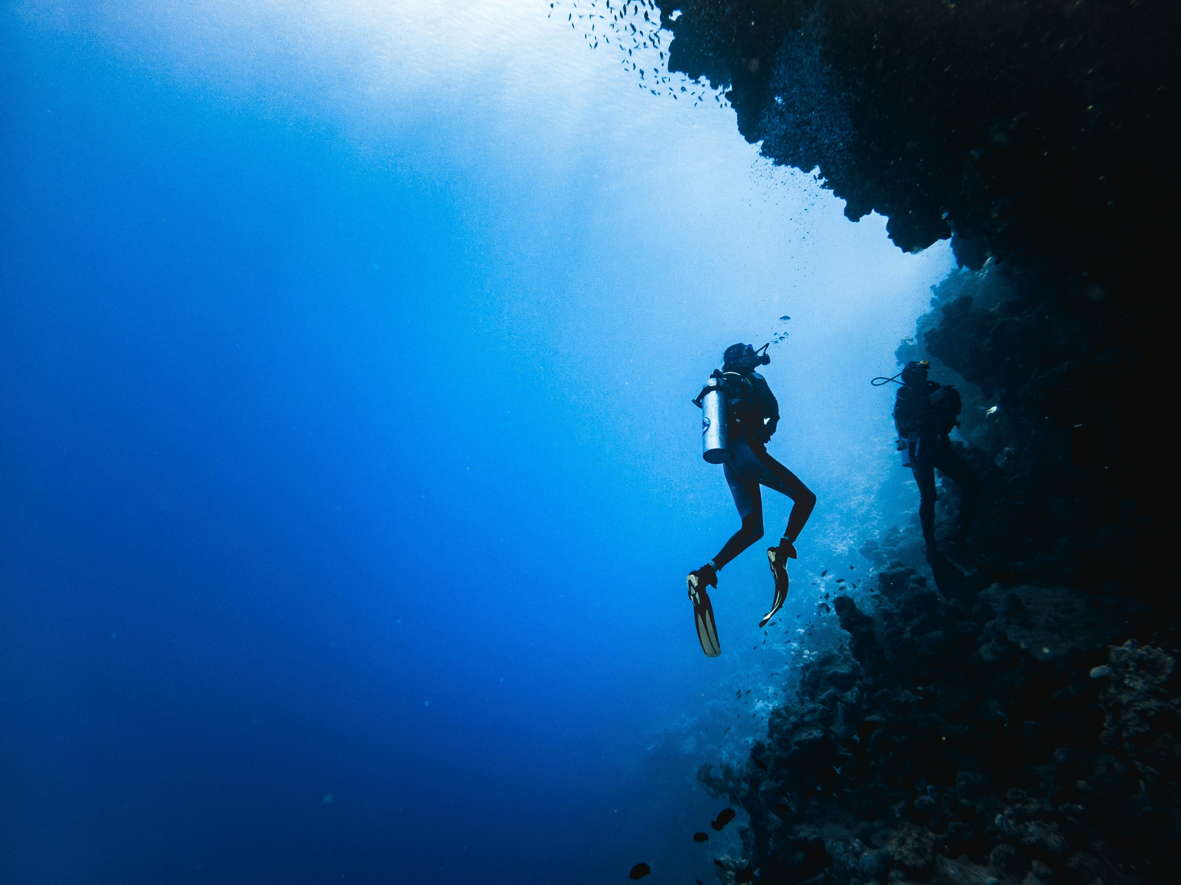 A diver on the edge of the Blue Hole near Dahab in the Sinai, Egypt.