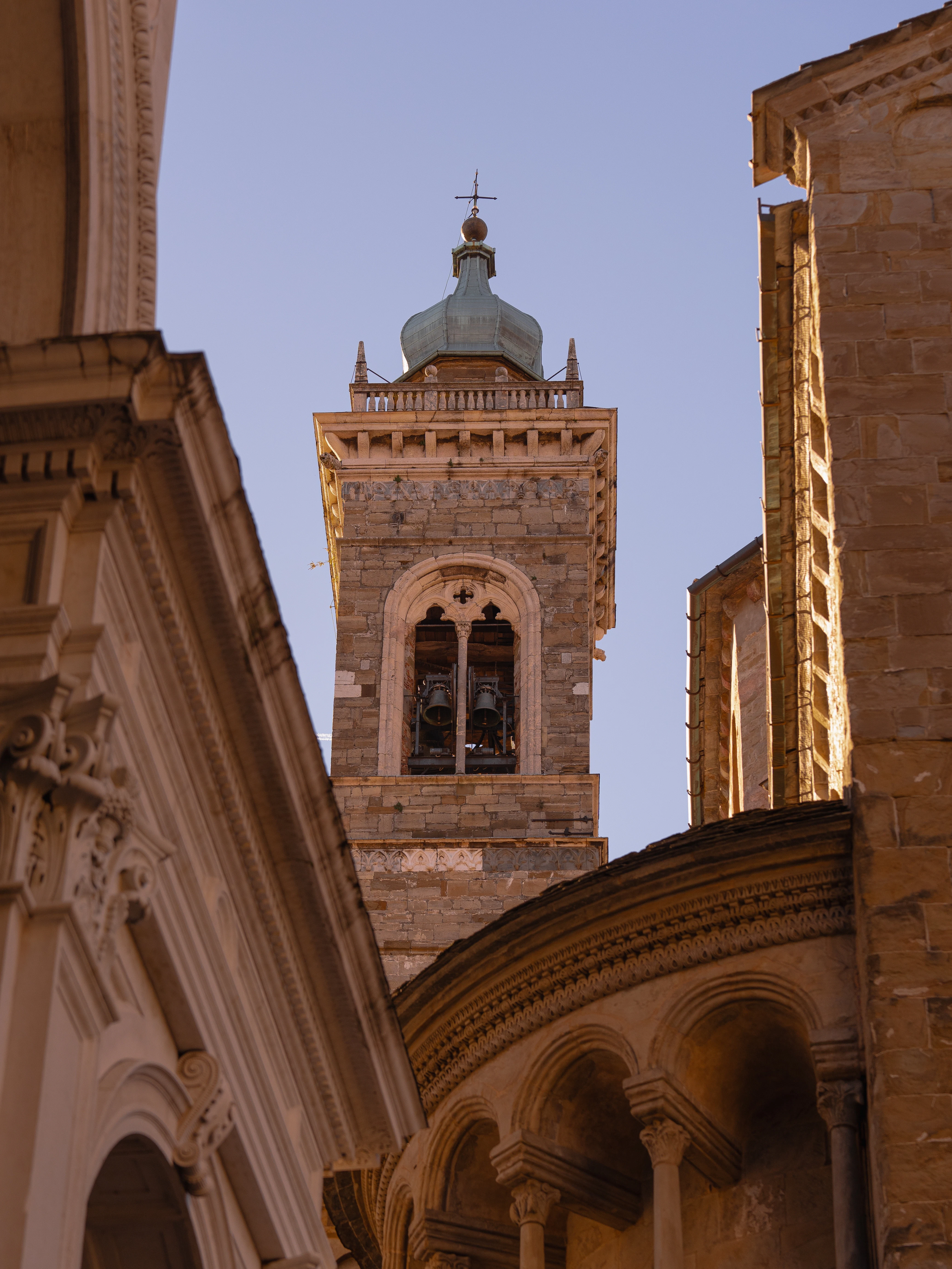 View of the brick bell tower of a basilica