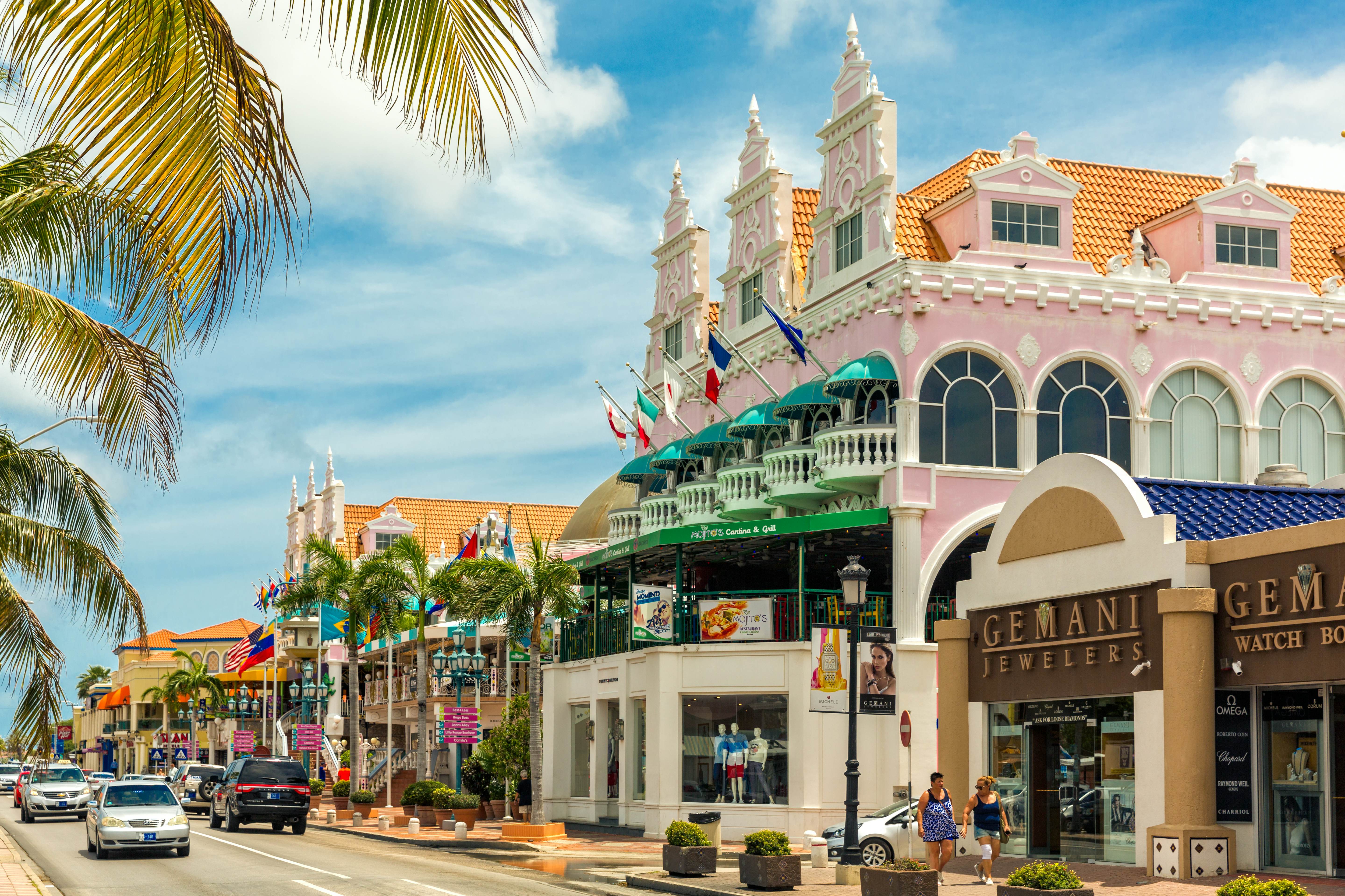 ORANJESTAD, ARUBA - JULY 25, 2017: Lloyd G. Smith Boulevard on a summer day. This main thoroughfare in the city has recently become an important shopping area., License Type: media, Download Time: 2025-11-20T11:59:10.000Z, User: clairenaylor, Editorial: true, purchase_order: 65050 - Digital Destinations and Articles, job: Online editorial, client: Aruba day drive, other: Claire Naylor