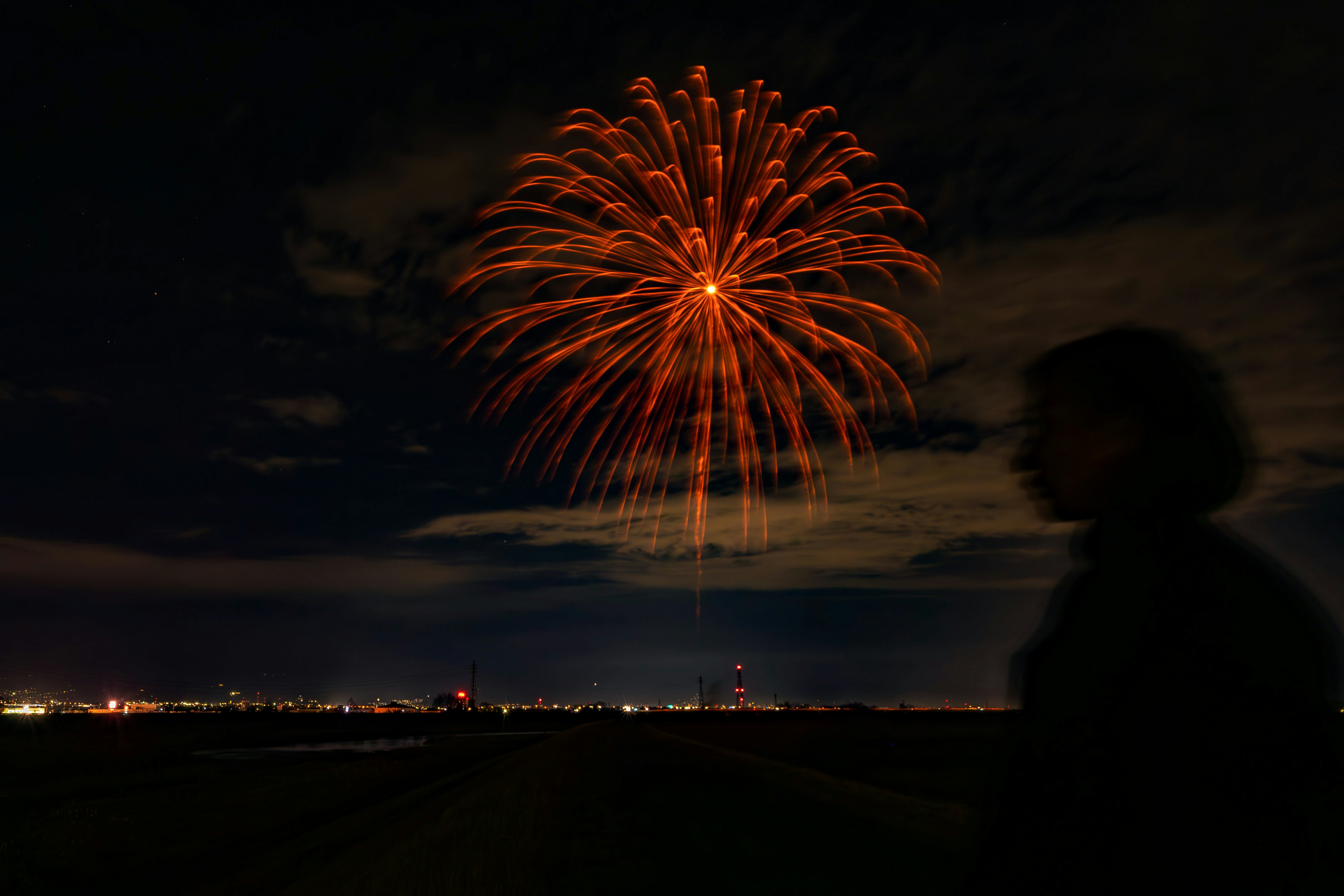 Wabi fireworks over a dark landscape
