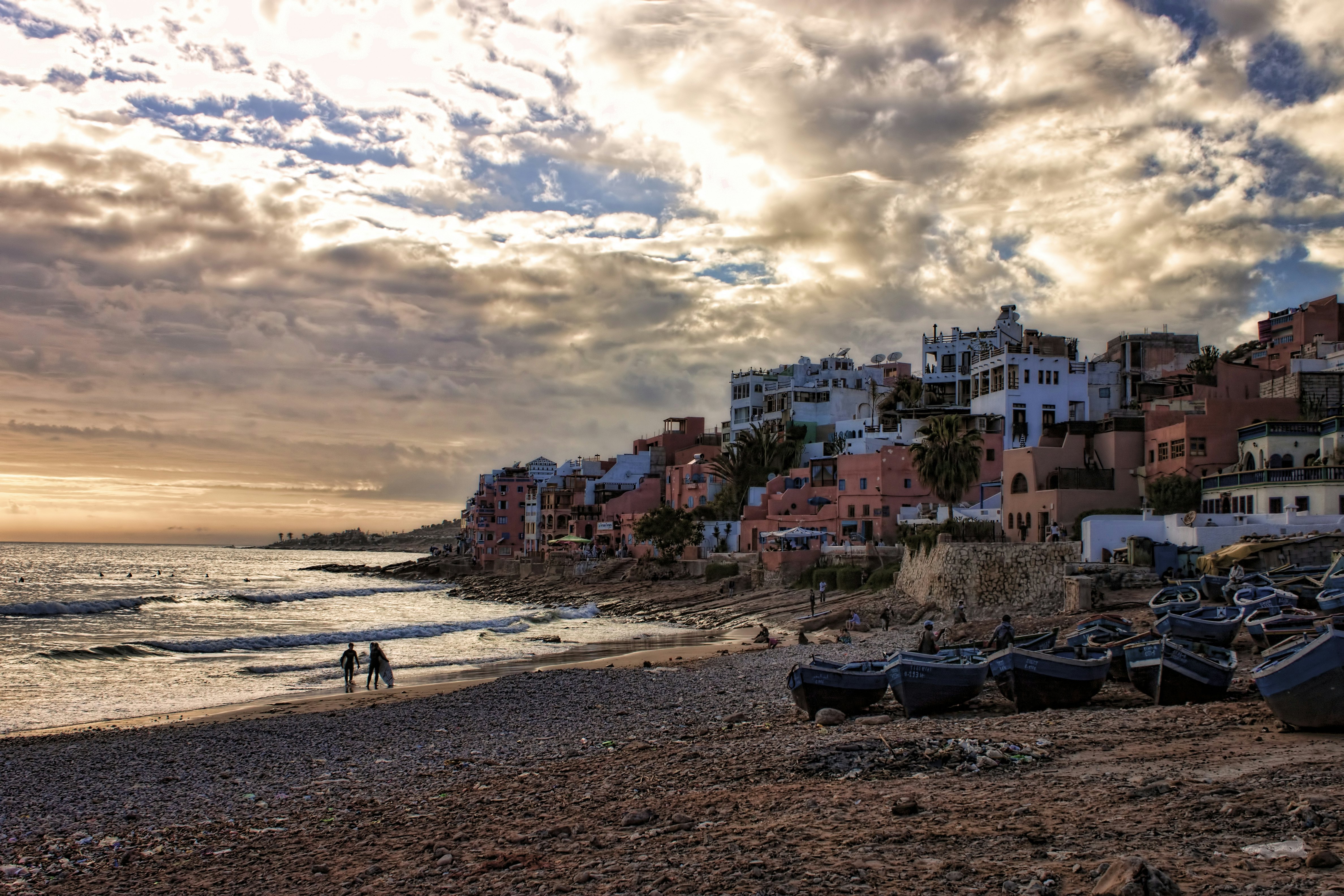View of a seaside town at sunset