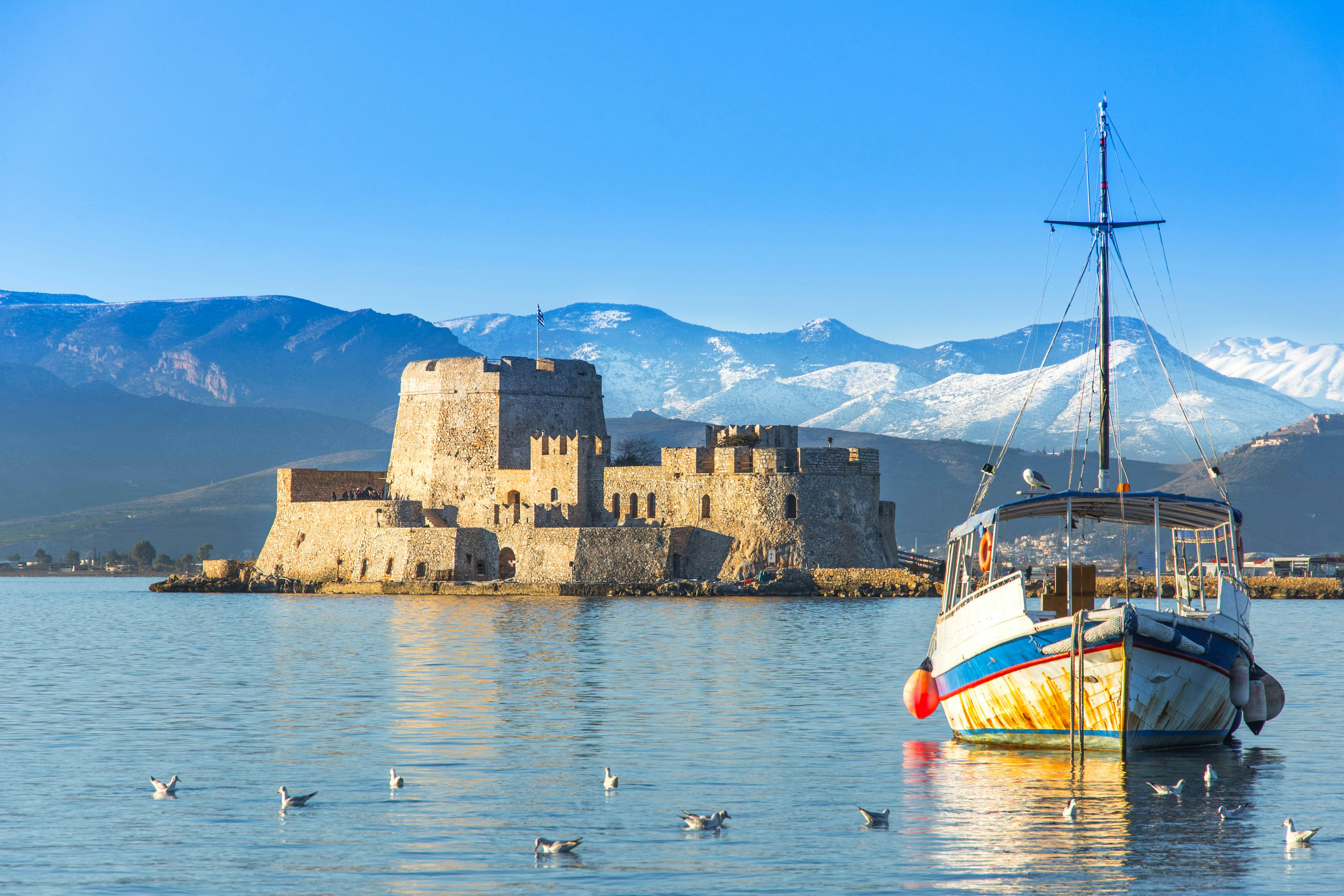 The Bourtzi Castle is a small island with a fortress off the coast of Nafplio.
M01GY1
bay, water, architecture, blue, fortress, sky, old, town, landscape, sea, tourism, ancient, europe, landmark, historic, famous, mediterranean, fortification, fort, medieval, prison, port, destination, touristic, historical, city, greek, summer, background, building, house, vacation, relax, tourist, coastline, palamidi, holiday, focus