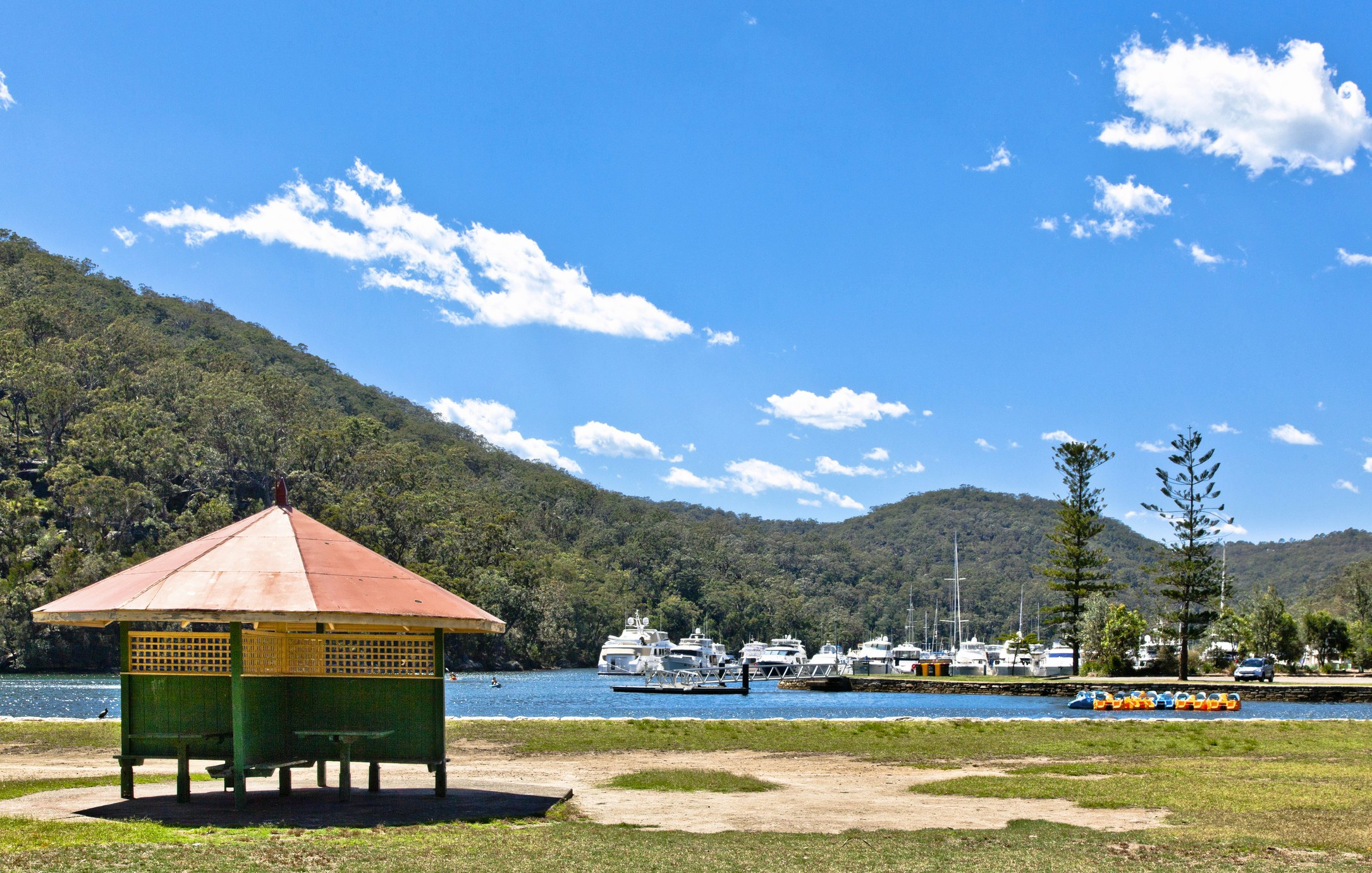 Boats docked in a small marina surrounded by dense woodland.