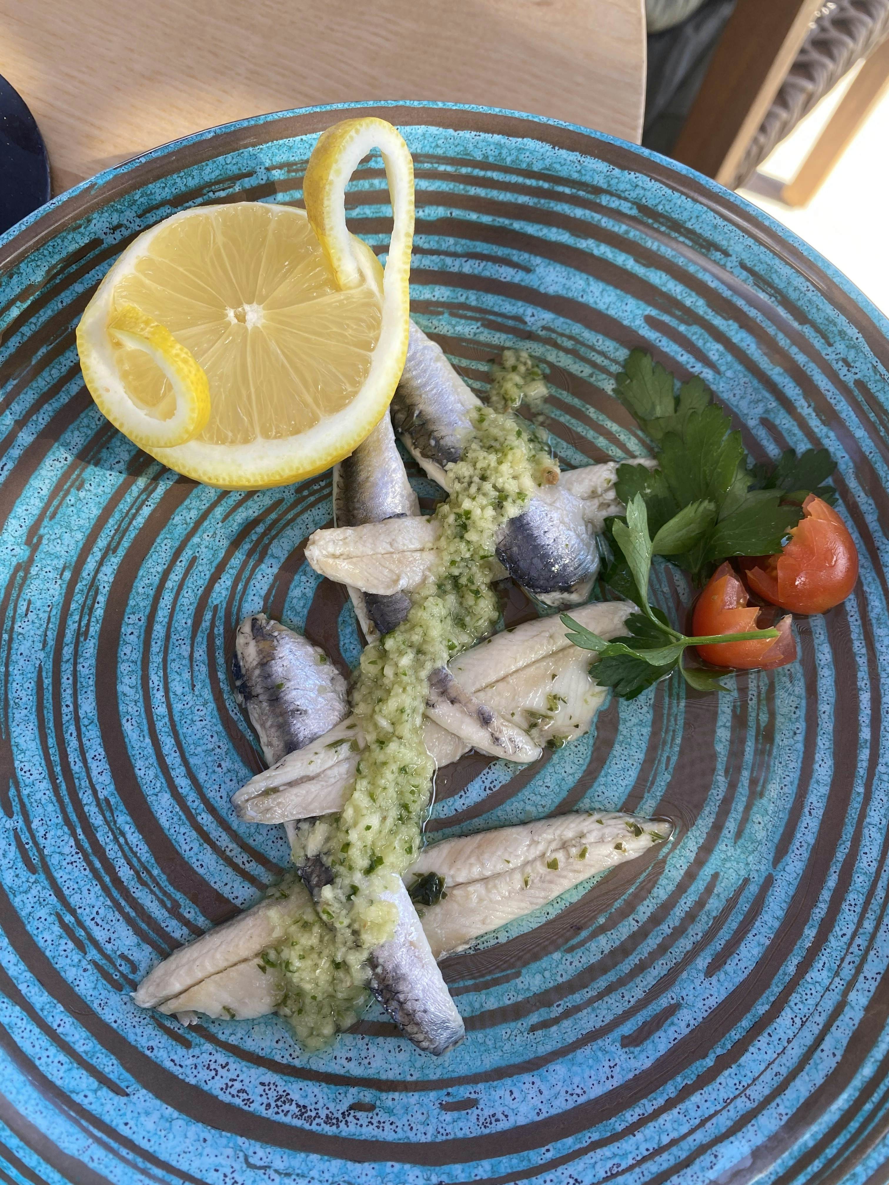 Fish served at alMar restaurant, hotel Iberostar Selection, Fuerteventura