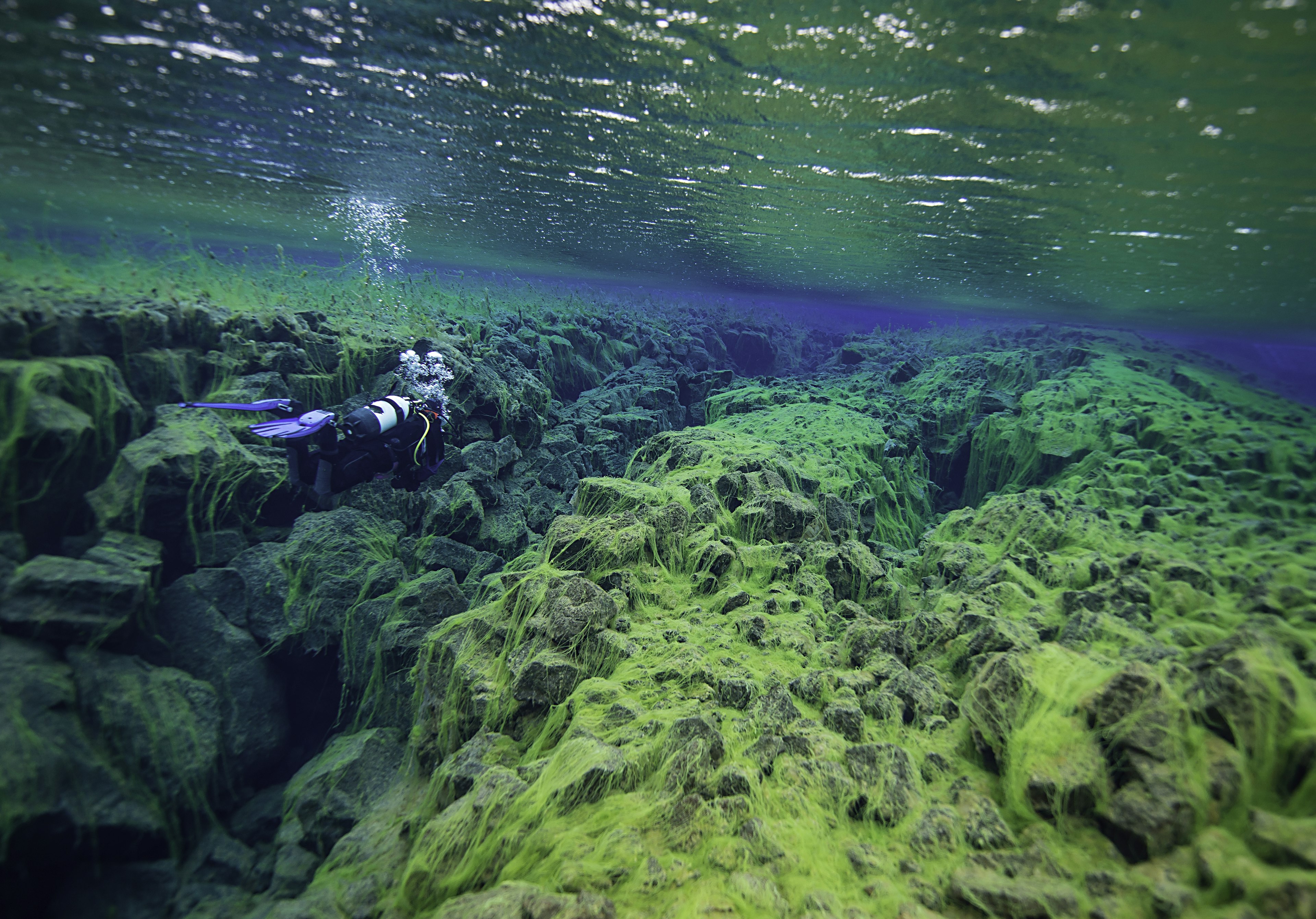 Scuba diver exploring cracks in rocks underwater