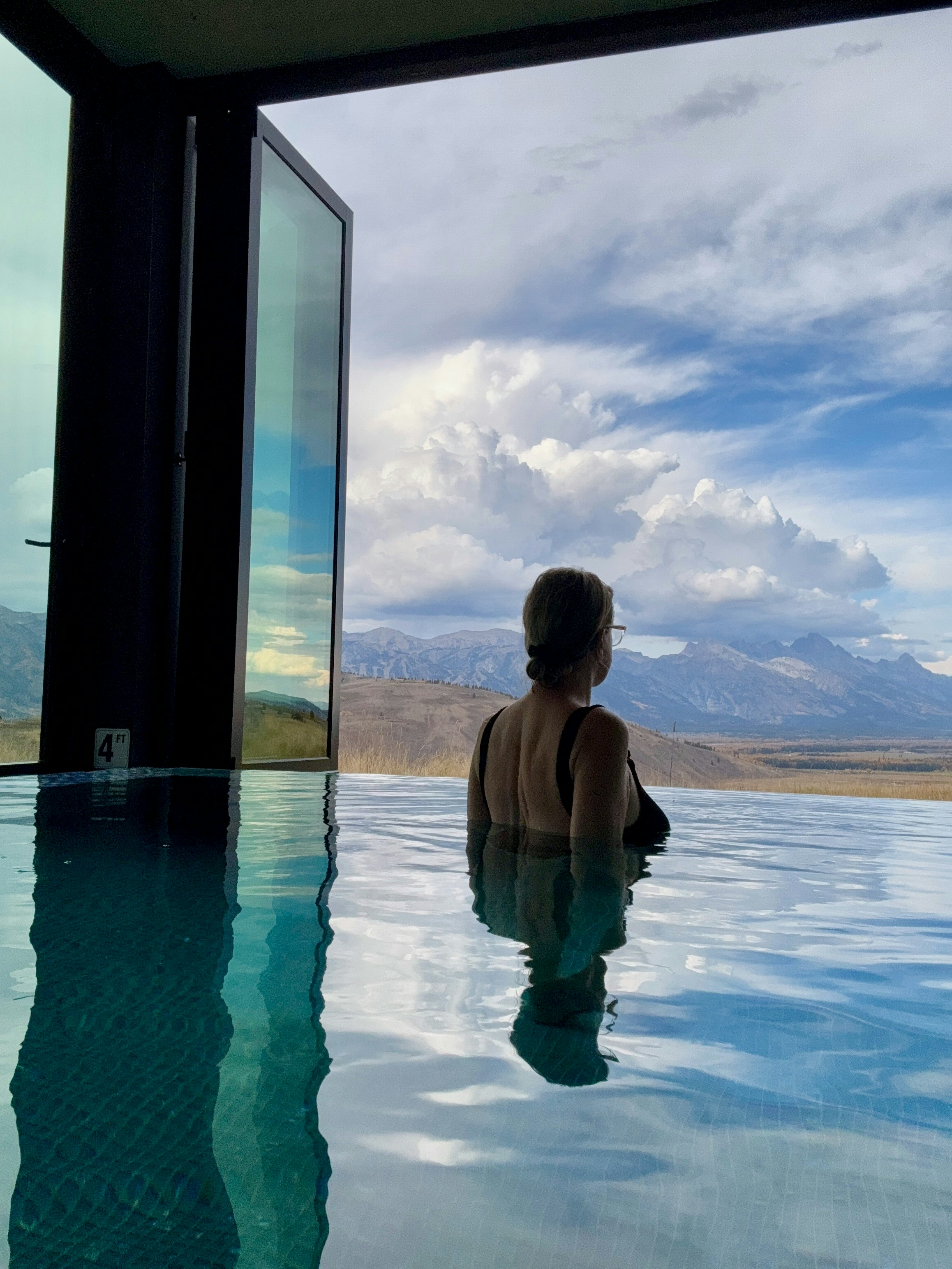 The author in the infinity pool at Hotel Yellowstone in Jackson Hole, Wyoming.