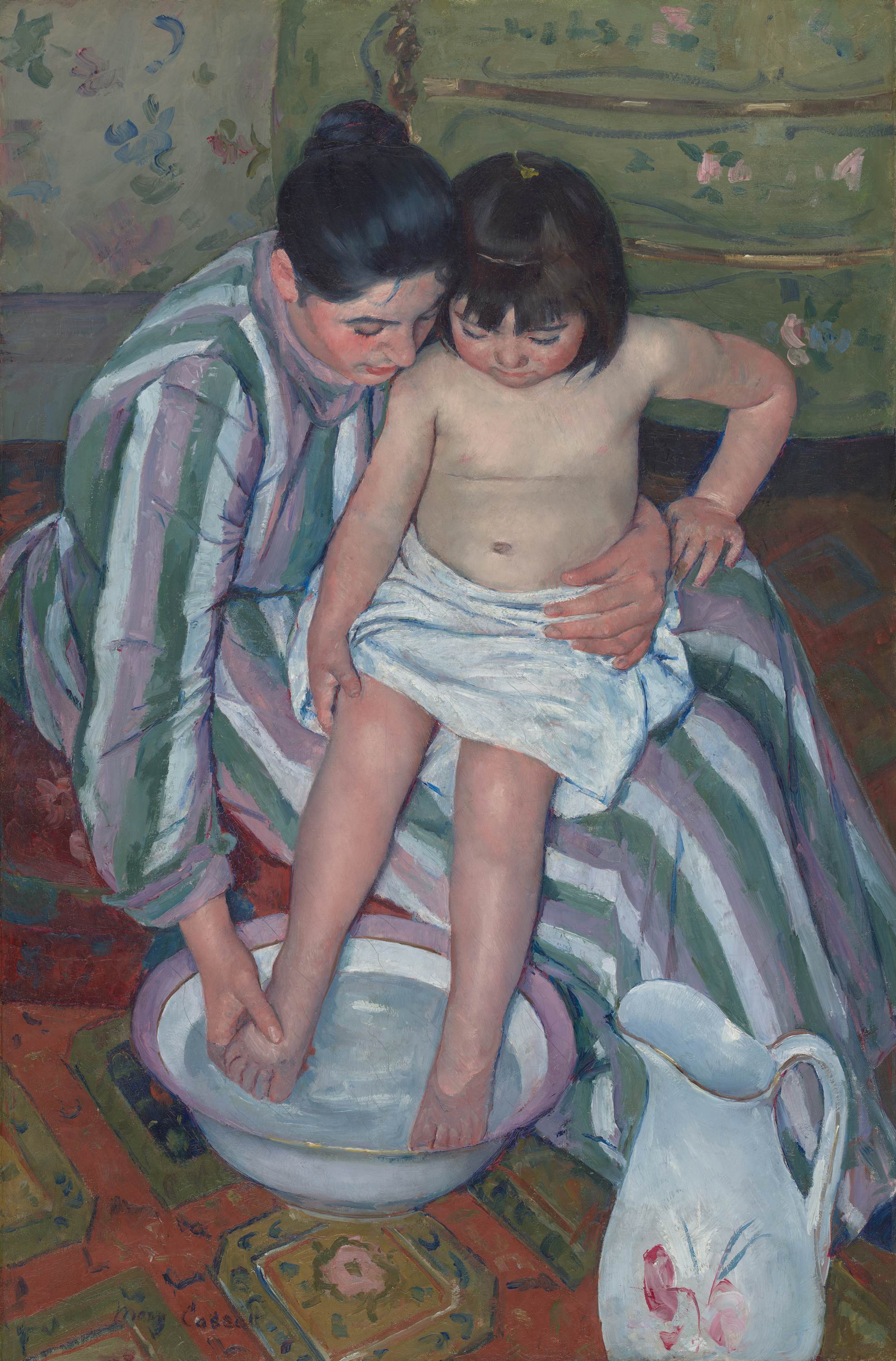 A painting depicts a woman bathing a child.
