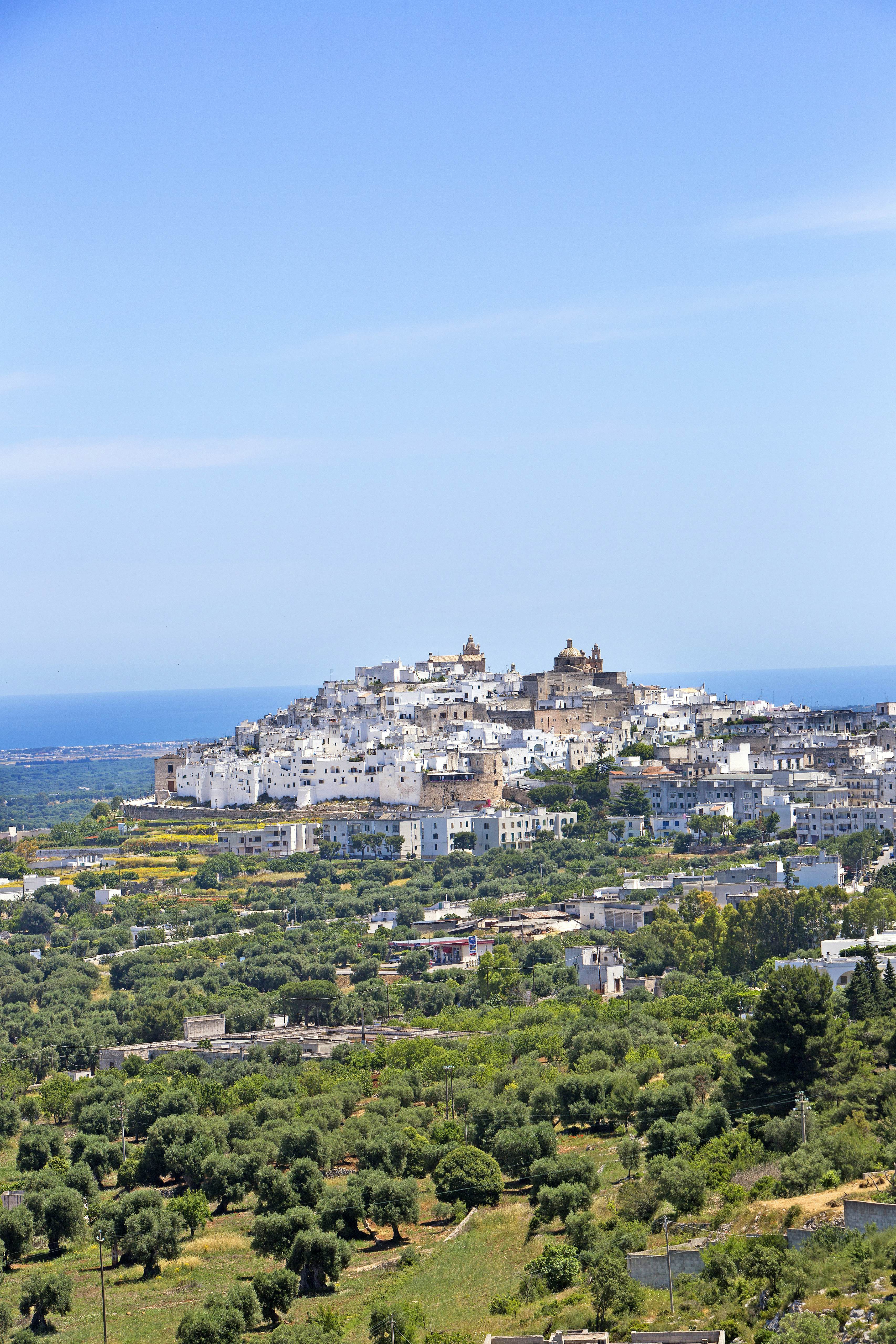 A town with white buildings covers a hilltop in Italy by the sea.
