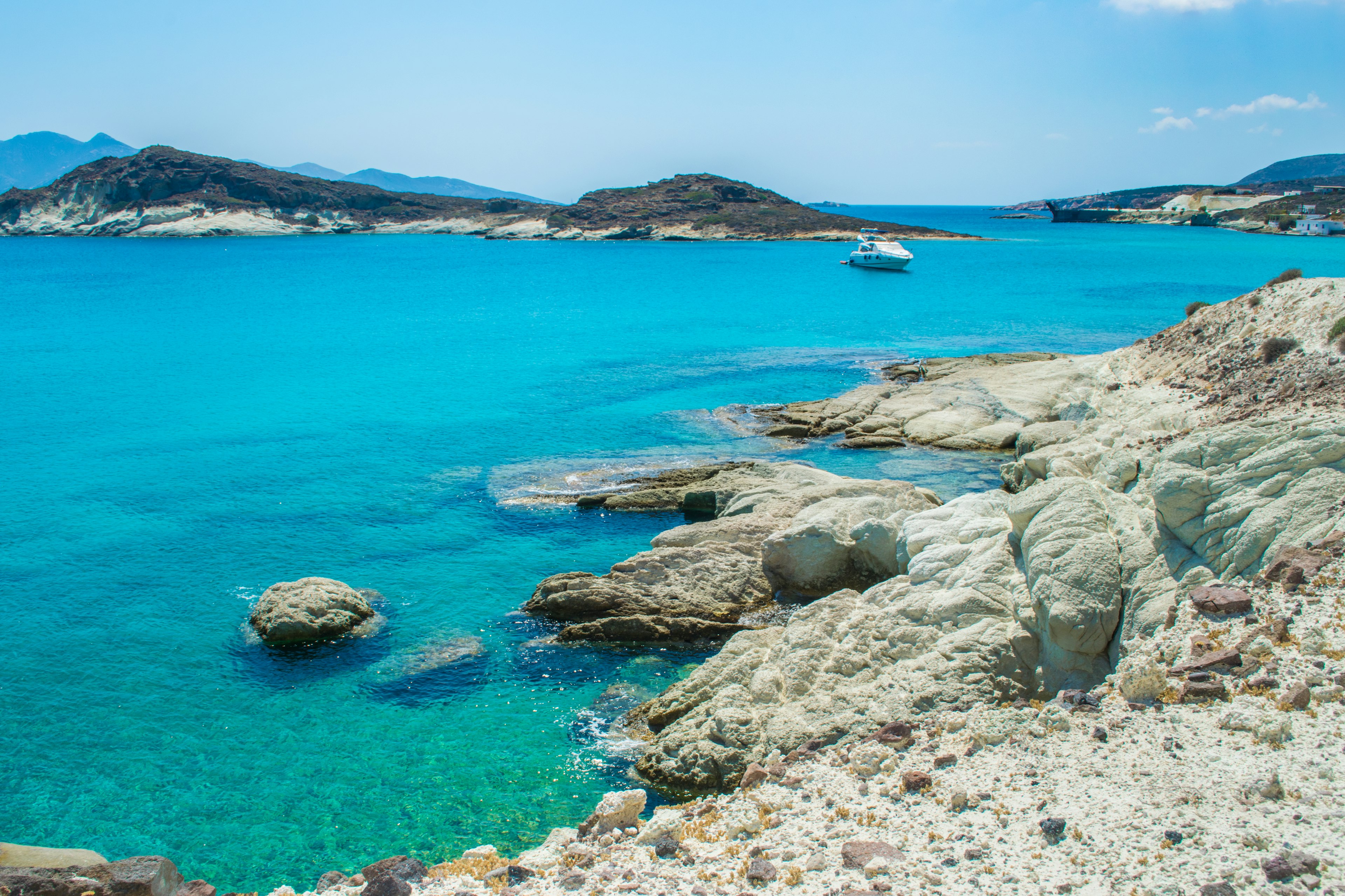 Prasa (Prassa) beach with turquoise crystal waters in Kimolos island, Cyclades, Greece