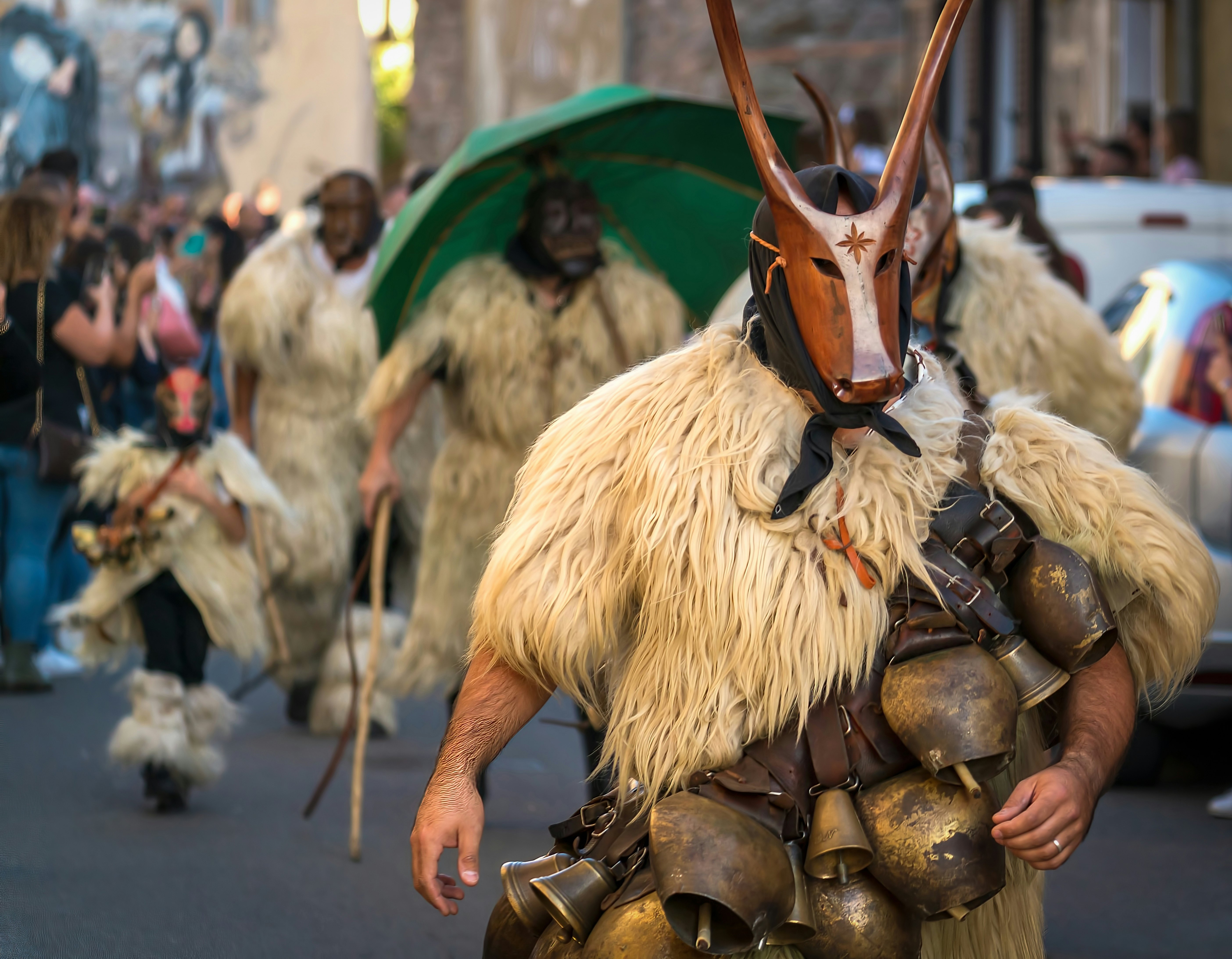 A person wears a carved masks and furs with bells strung across their chest. Others dressed similarly can be seen in an out-of-focus background outdoors.