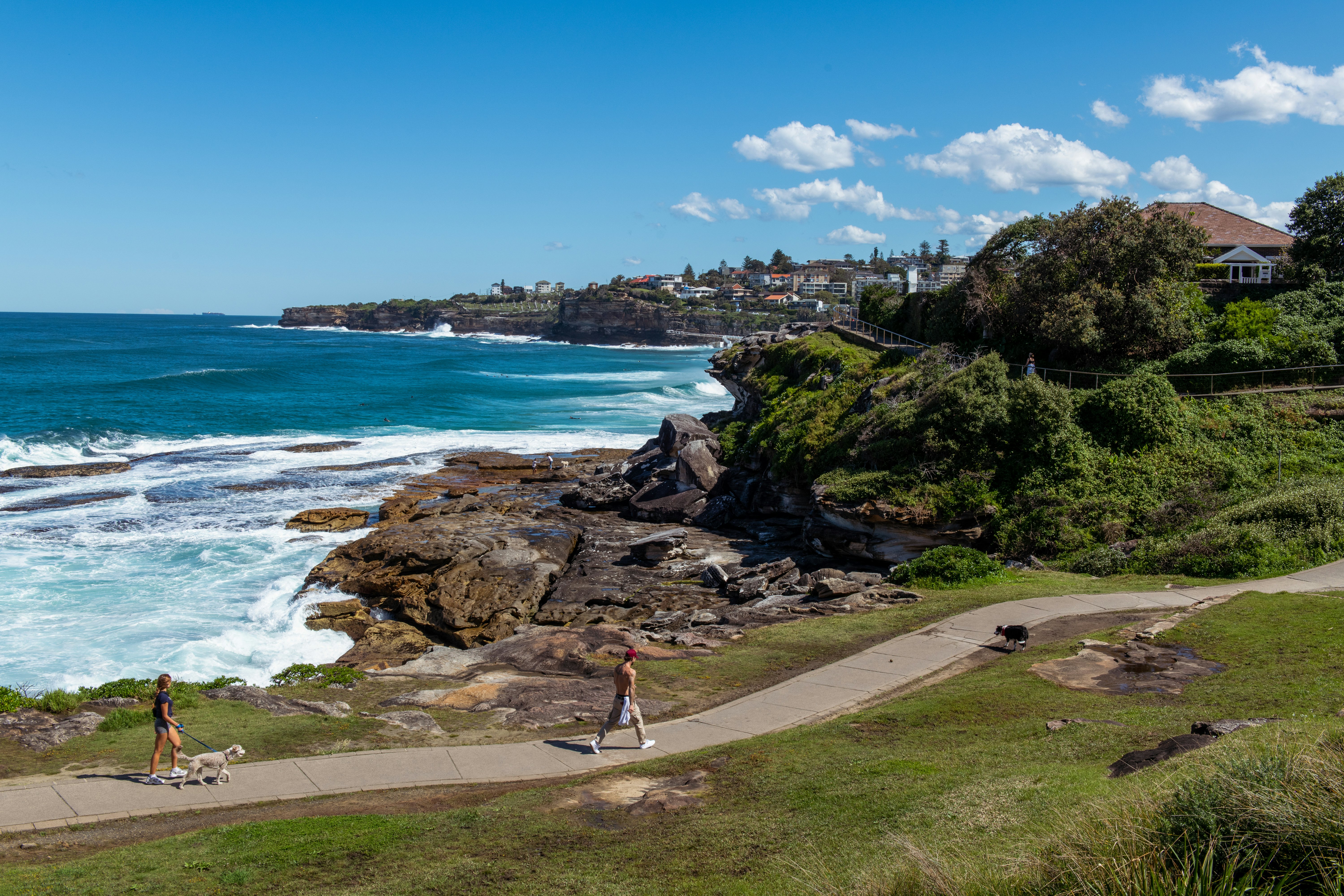 Walkers following a coastal path on a sunny day.