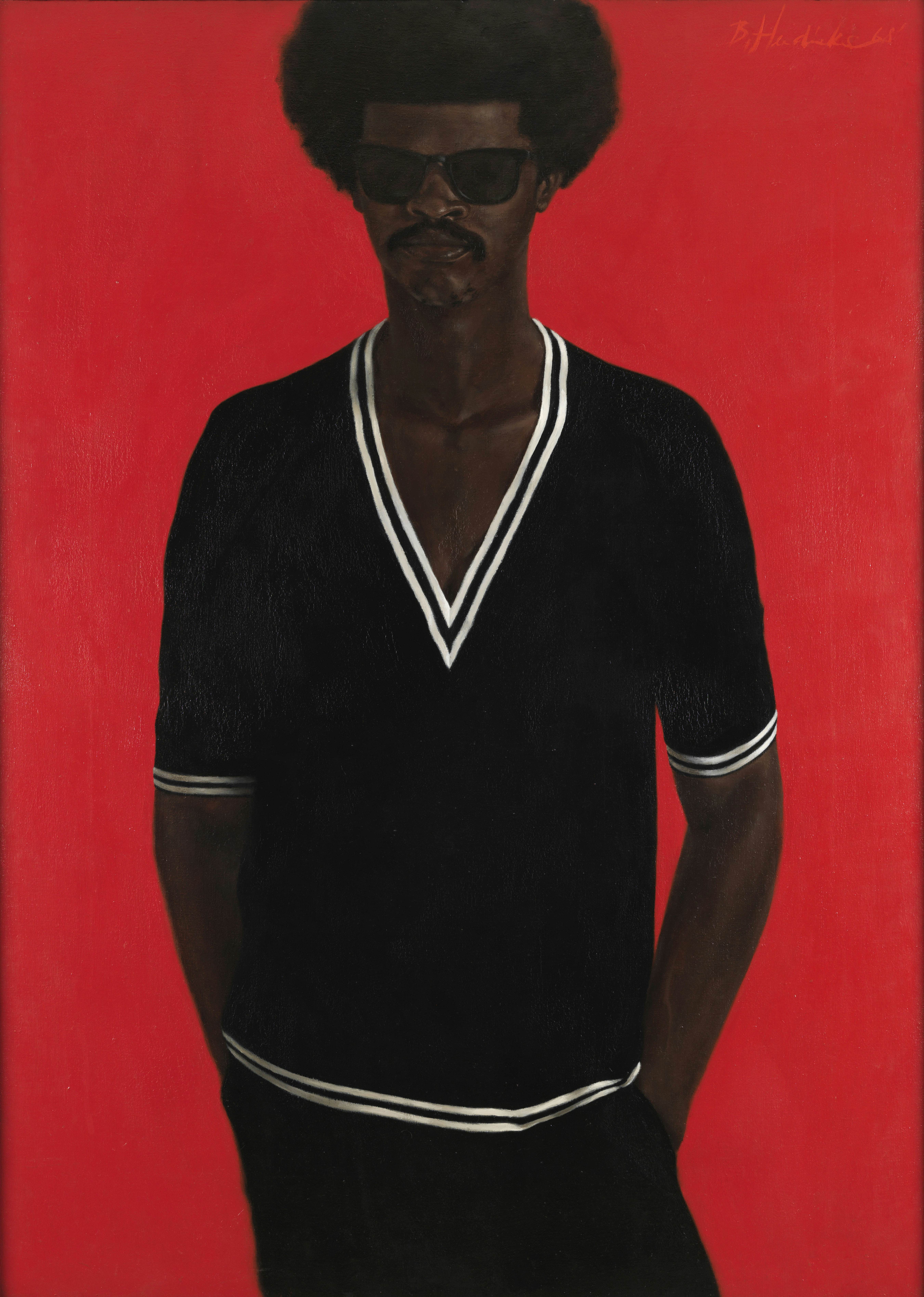 A painting depicting a man wearing a black sweater against a red background.