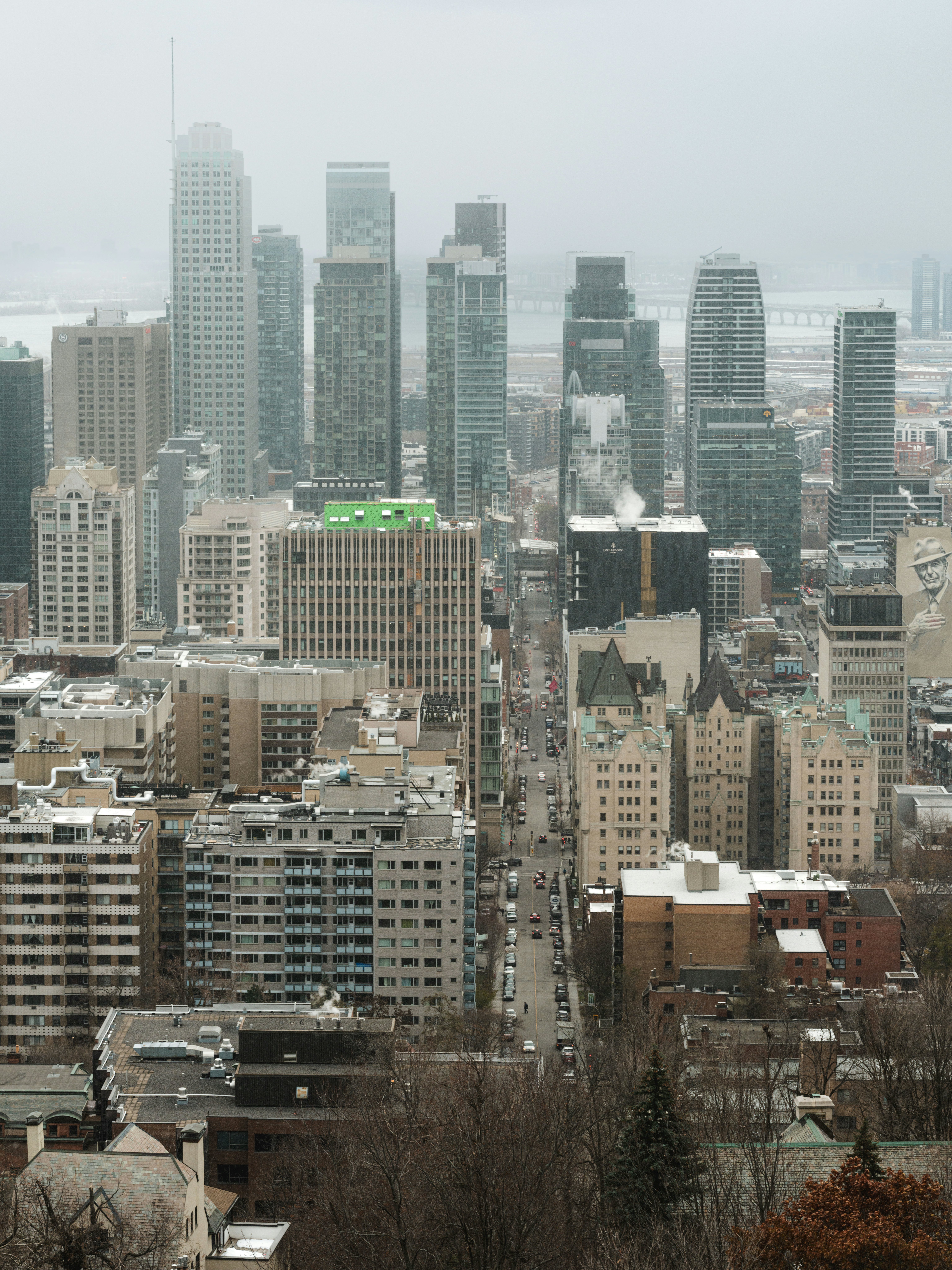 An overhead view of Montreal in the winter