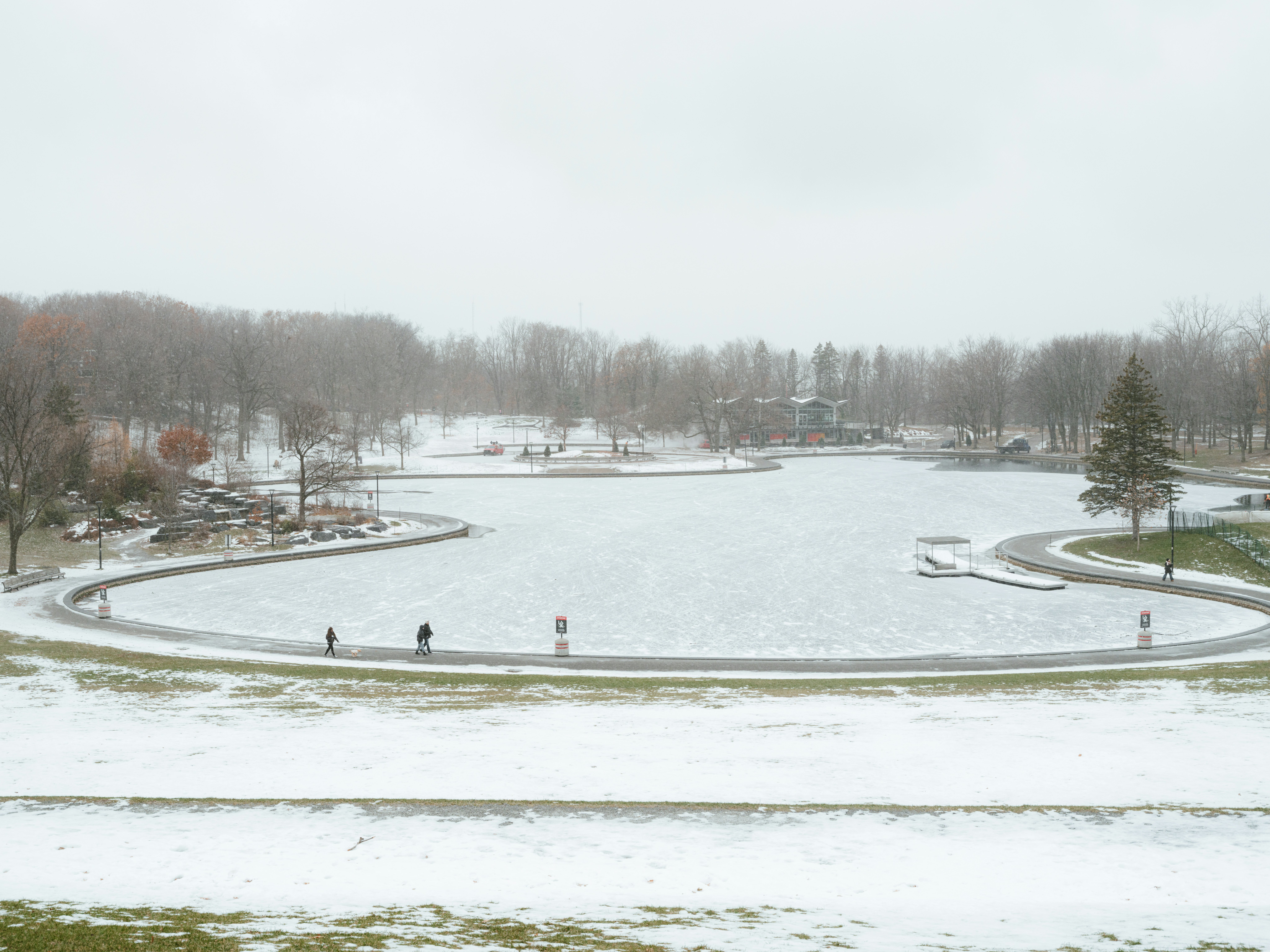 Walking around Beaver lake on Mt-Royal, icy lake with snow and people