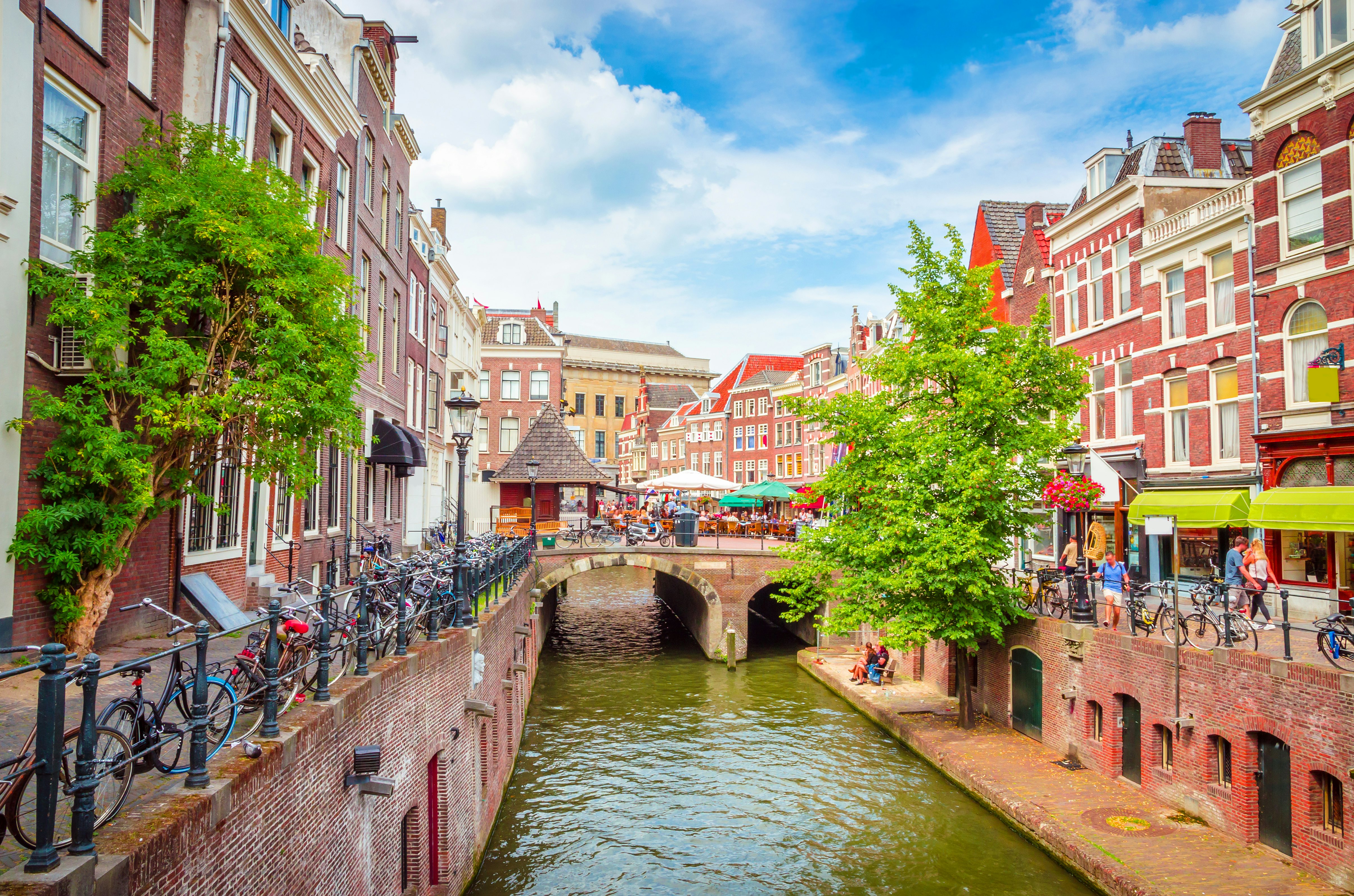 Traditional houses on the Oudegracht (Old Canal) in center of Utrecht, Netherlands.