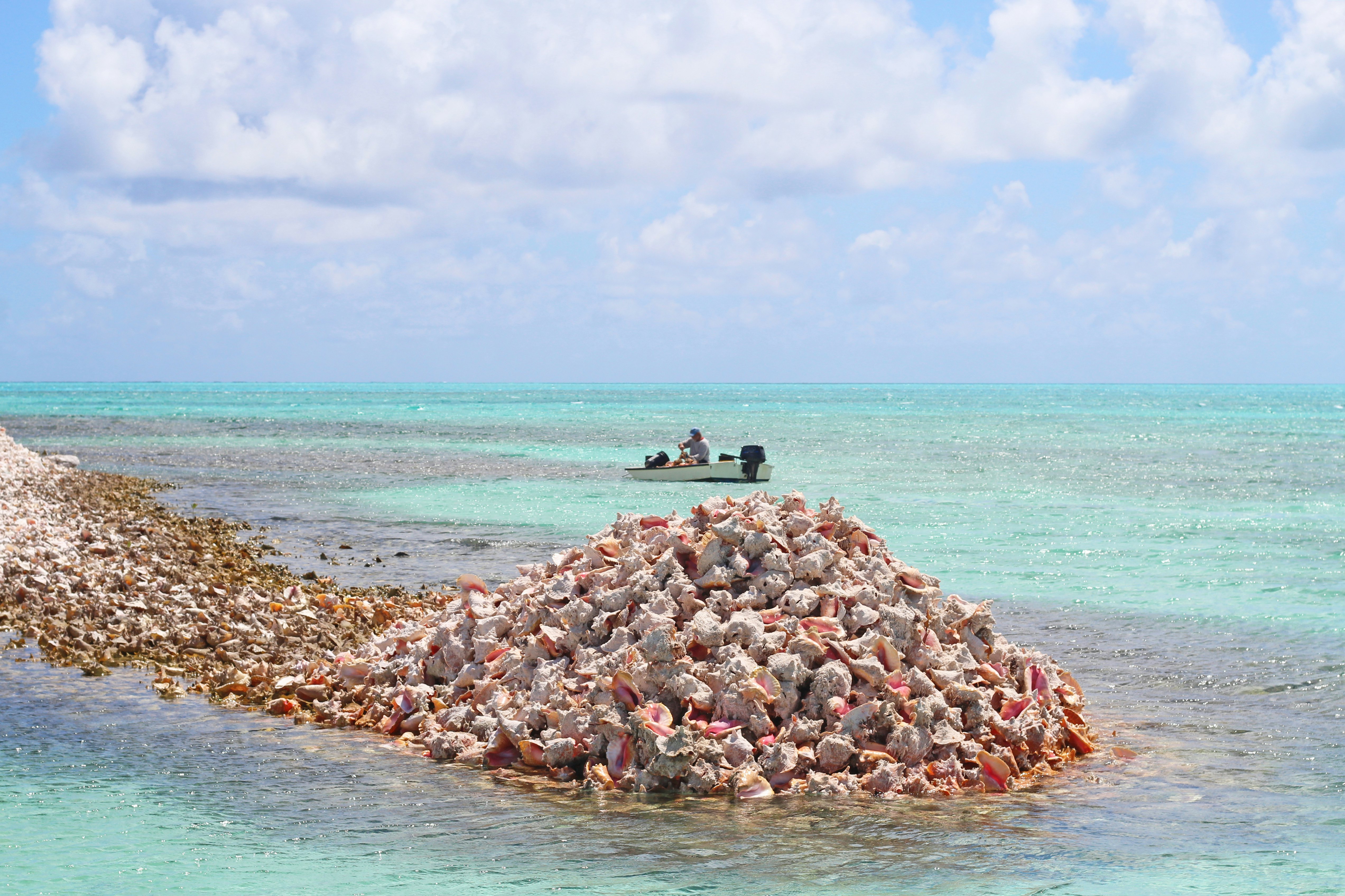 A boat passes a pile of conch shells off a tropical island.