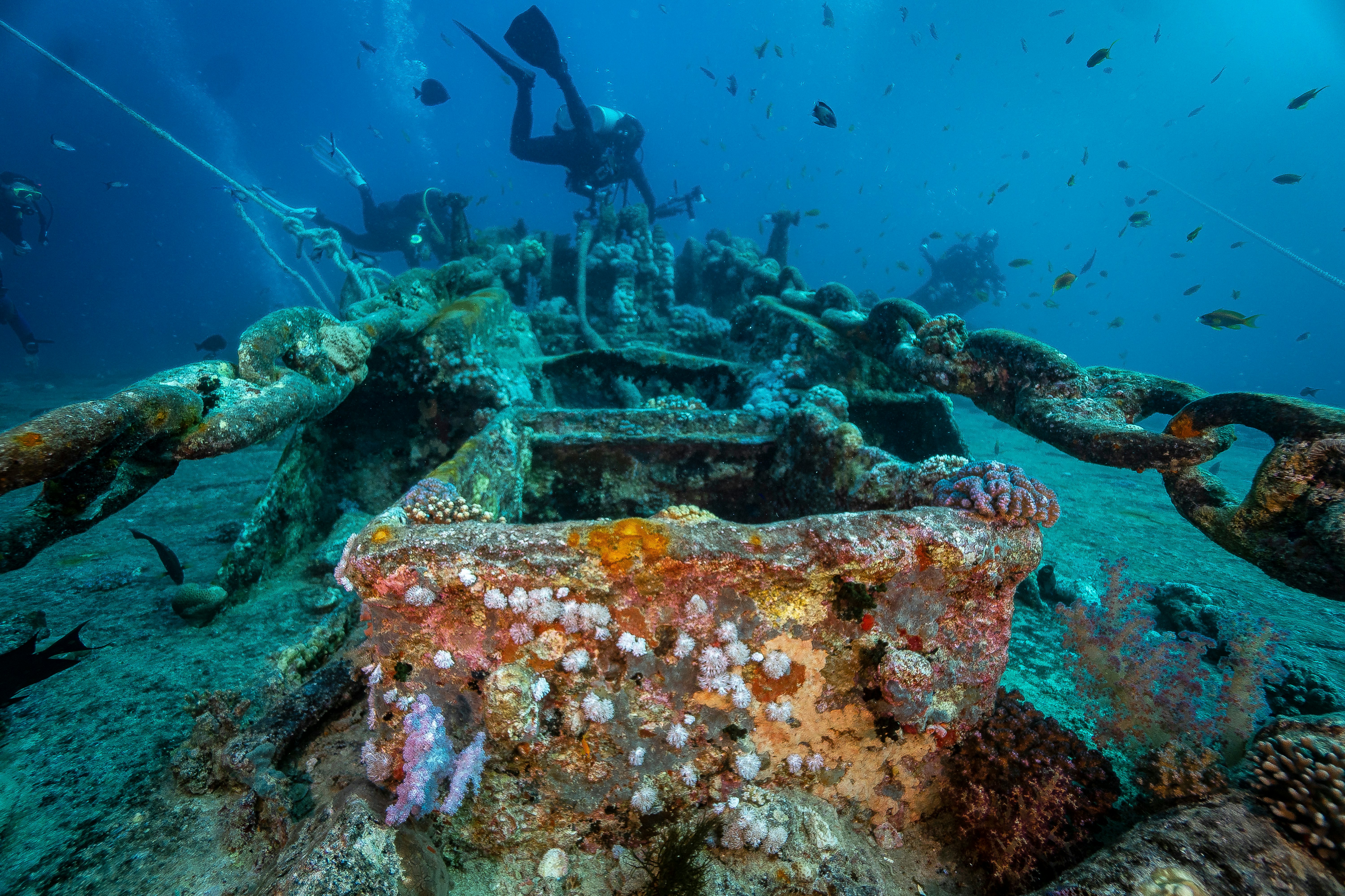 Divers on the wreck of the SS Thistlegorm, Red Sea, Egypt.