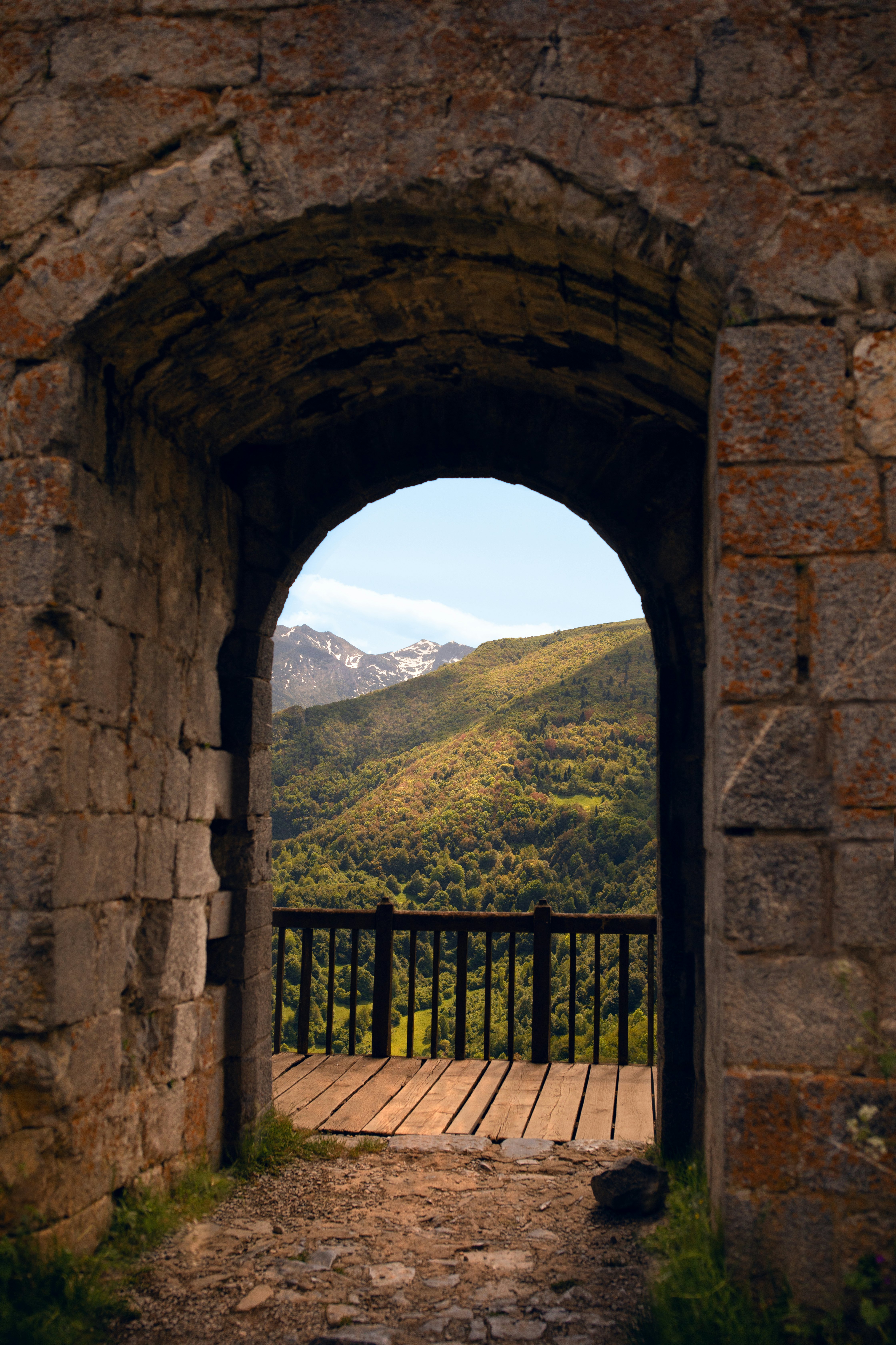 A general view of Bugarach. Blue sky and mountain. France. Château de Montségur. Cathar castle. Pyrénées,