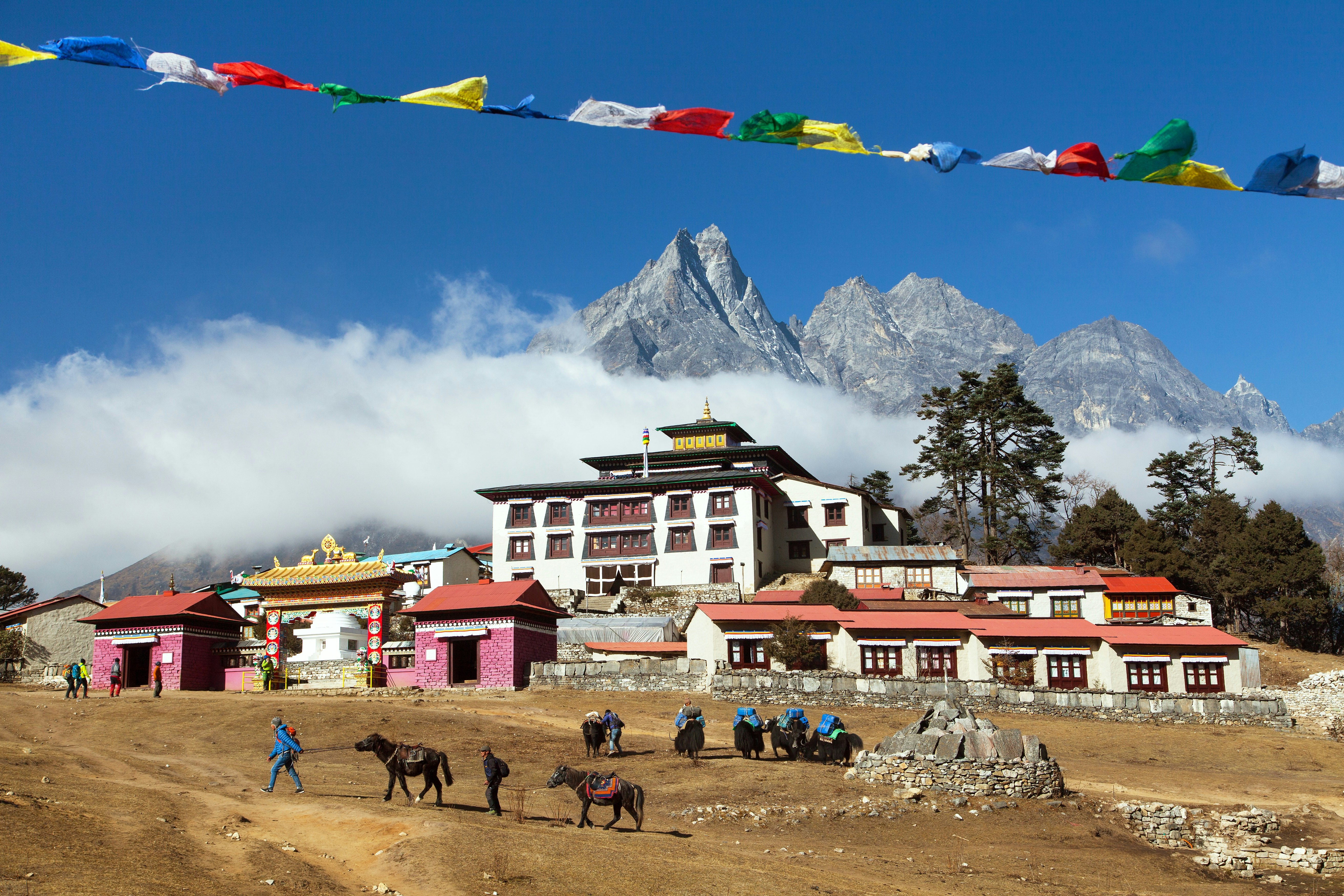 Tengboche monastery, Nepal - November 26 2017: Tengboche Monastery, the best monastery in Khumbu valley with yaks and people, trek to Everest base camp, Sagarmatha national park, Nepal Himalayas, License Type: media, Download Time: 2025-04-18T10:09:50.000Z, User: meg3348277, Editorial: true, purchase_order: 56530 - Guidebooks, job: Global Publishing-WIP, client: Nepal 13, other: Megan Cassidy