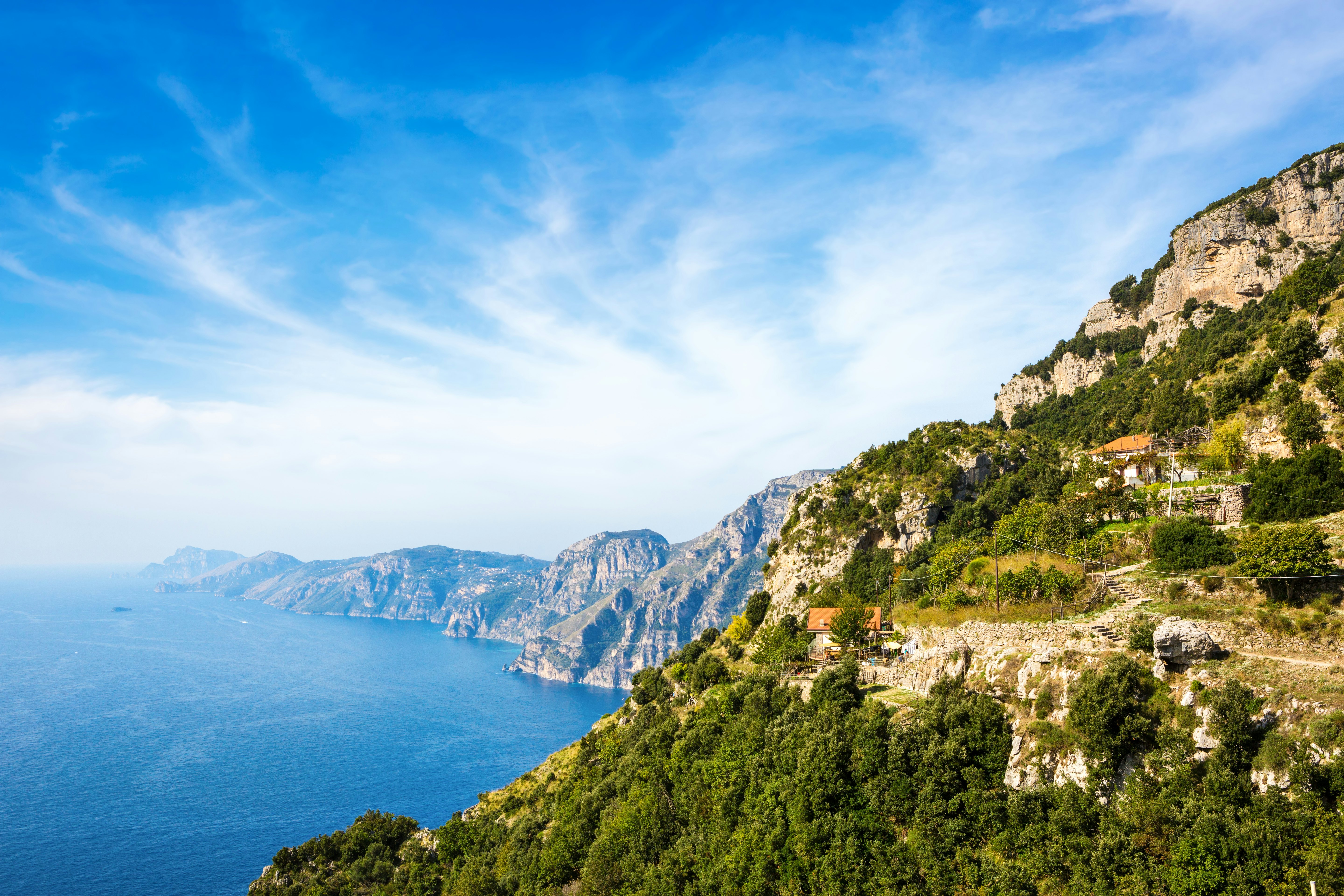 Scenic view of the Amalfi coast from the  Path of the Gods ( Sentiero degli Dei ), Province of Salerno,  Campania, Italy.,