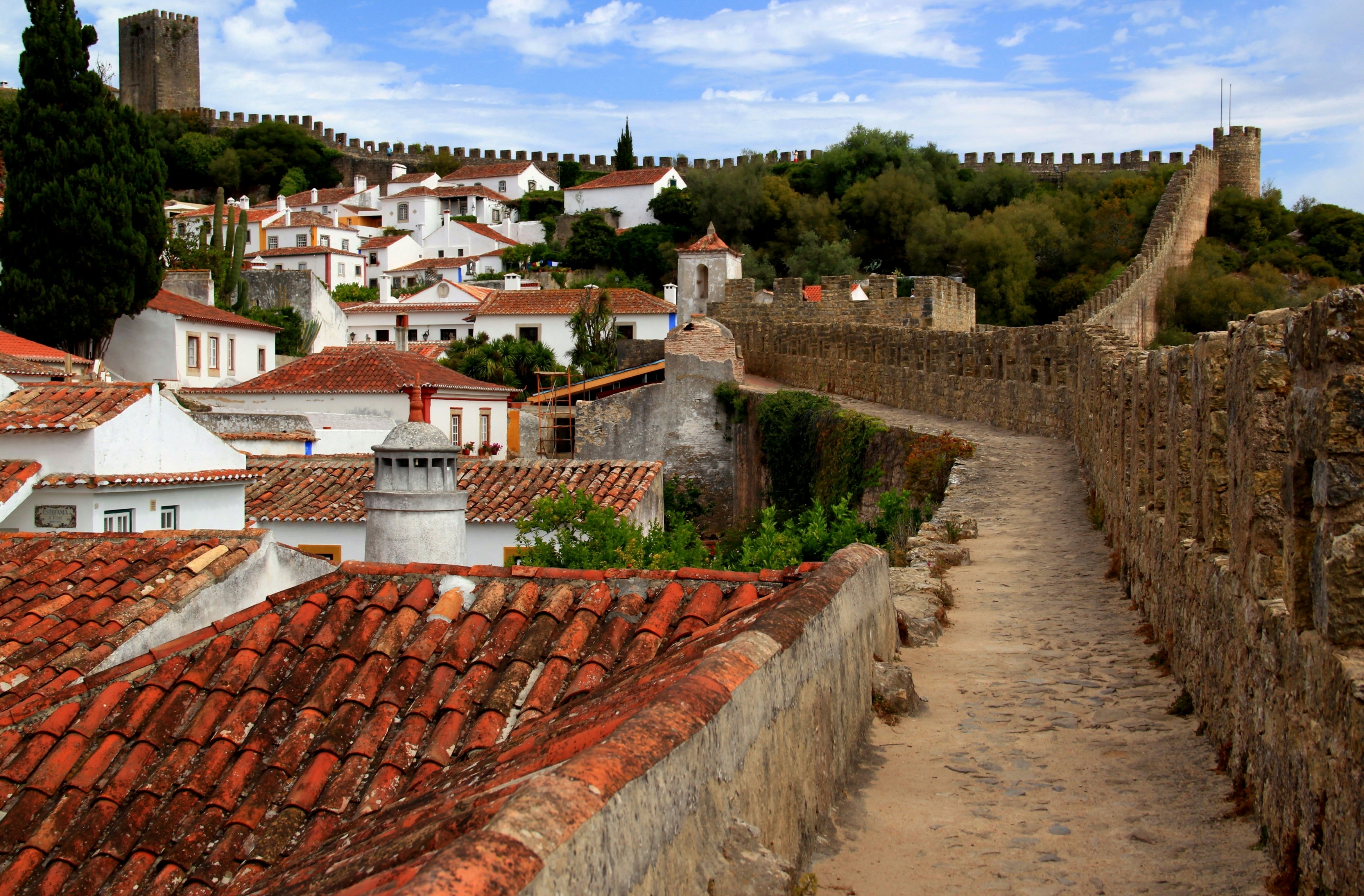 White houses with red roofs and exotic trees surrounded by the walls of a castle.