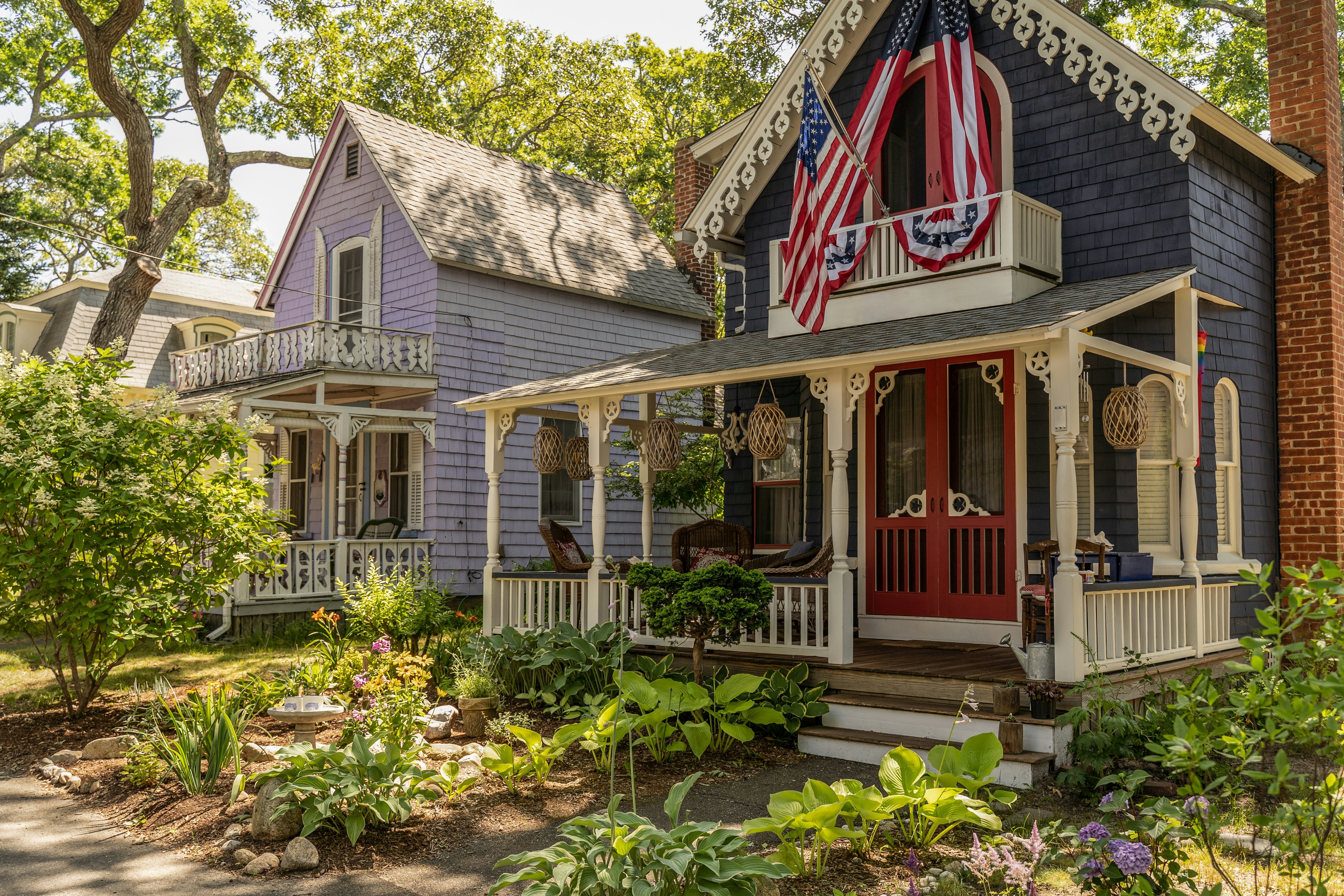 Charming Carpenter Gothic Cottages with Victorian style, gingerbread trim in Oak Bluffs on Martha's Vineyard, Massachusetts
