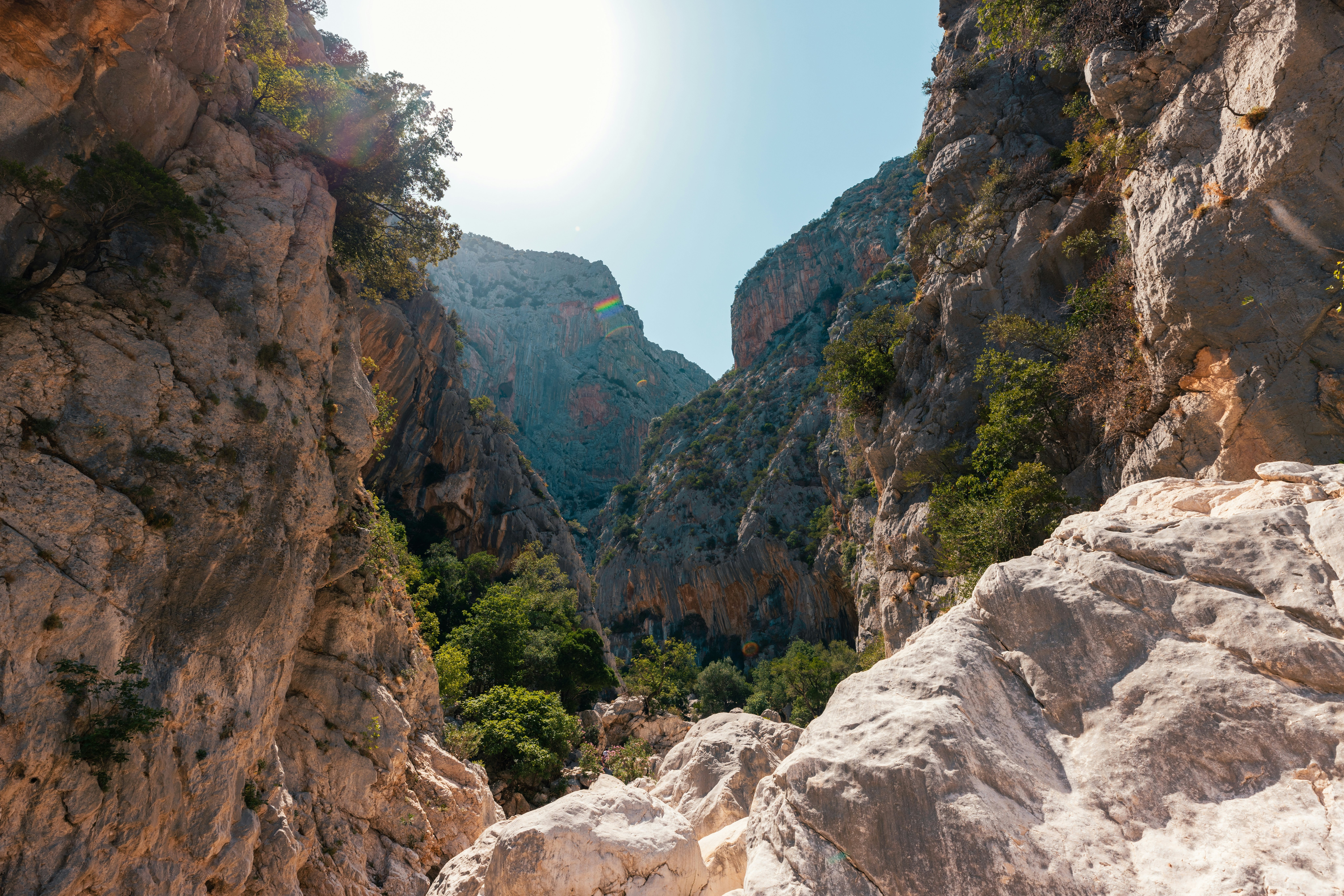 High, rocky walls of a canyon on a sunny day.