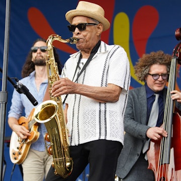 New Orleans, LA - April 26, 2024: New Orleans legend Charlie Gabriel performs at the Fairgrounds Race Track., License Type: media, Download Time: 2025-02-27T11:56:29.000Z, User: gwencotter, Editorial: true, purchase_order: 56530 - Guidebooks, job: Global Publishing-WIP, client: New Orleans 10, other: Gwen Cotter
