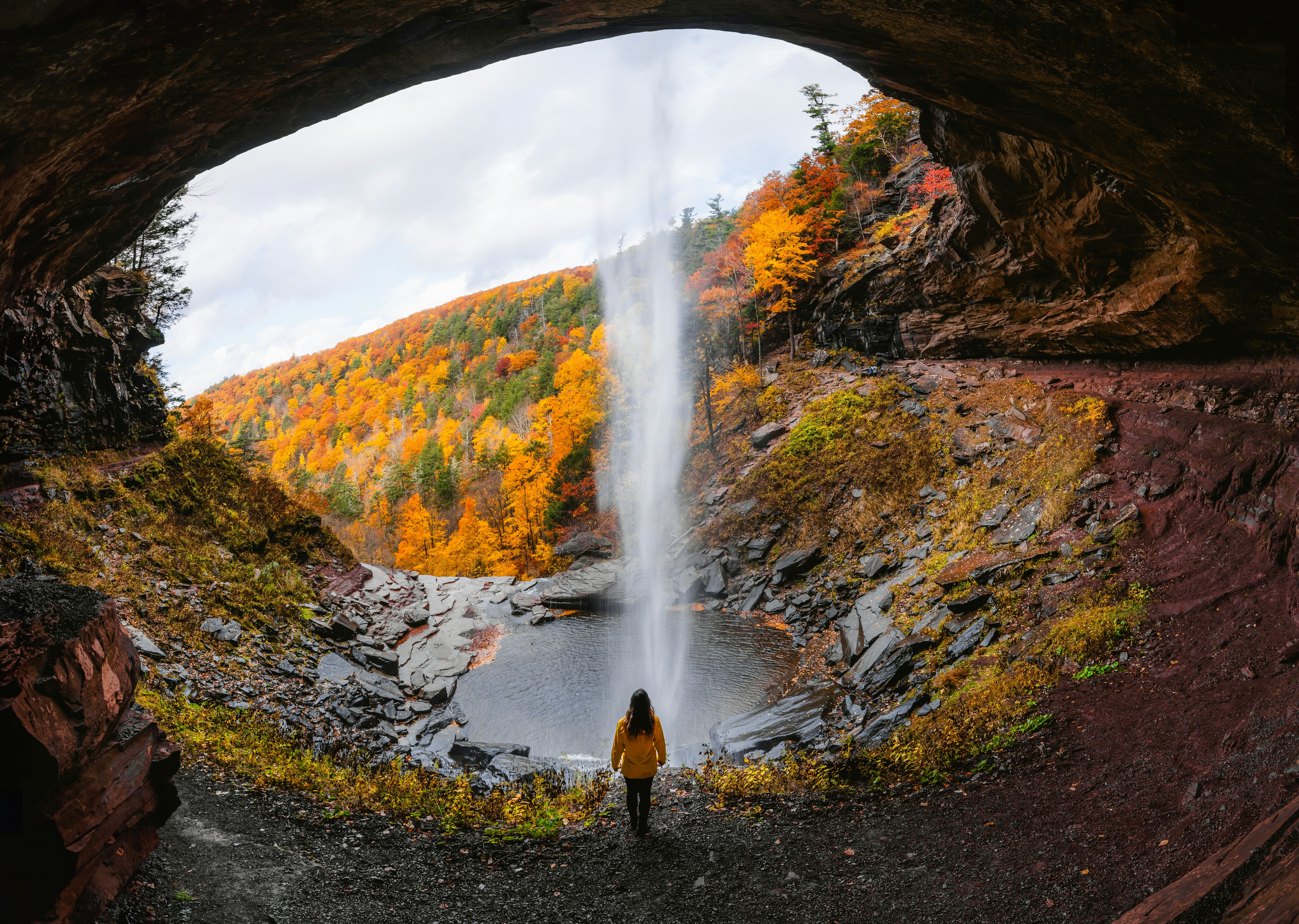 Kaaterskill Falls with Peak Fall Foliage Colorful Forest of Trees.