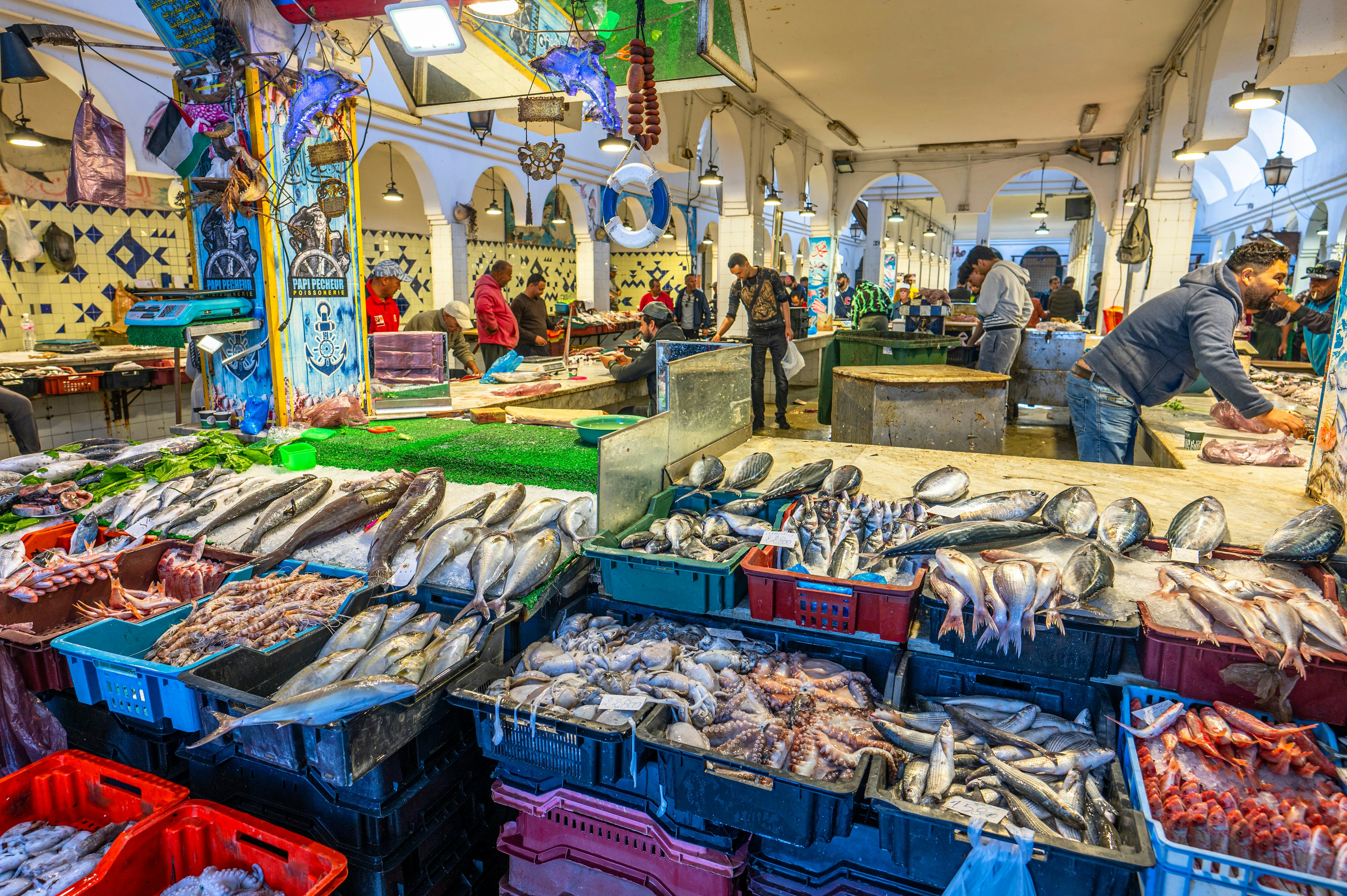 Fish for sale in a market in the medina in Sousse, Tunisia.