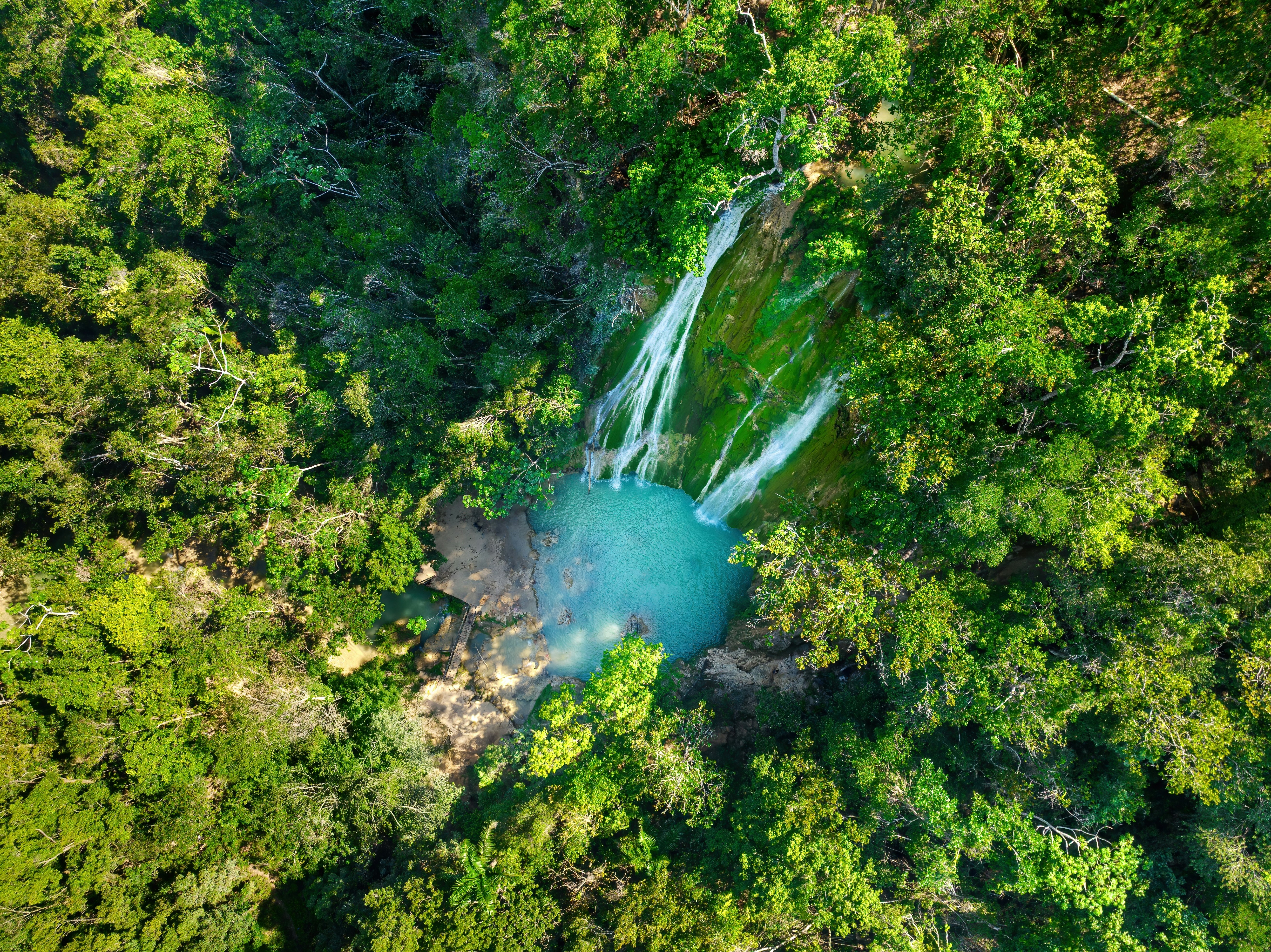 A turquoise pool fed by two waterfalls, surrounded by lush forests in the Dominican Republic.