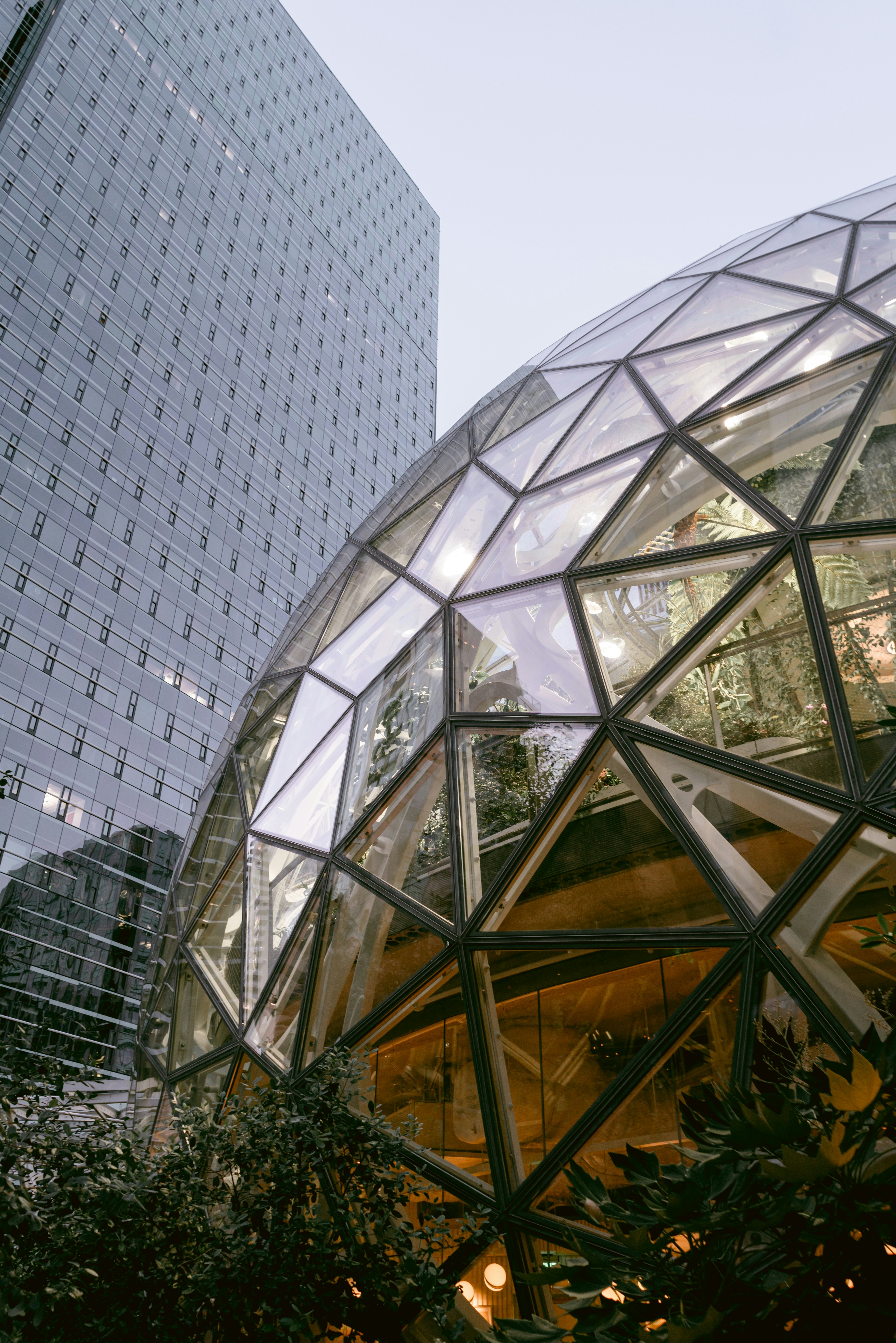 Partial view of a spherical glass structure with plants inside, in front of a tall building mostly made of glass