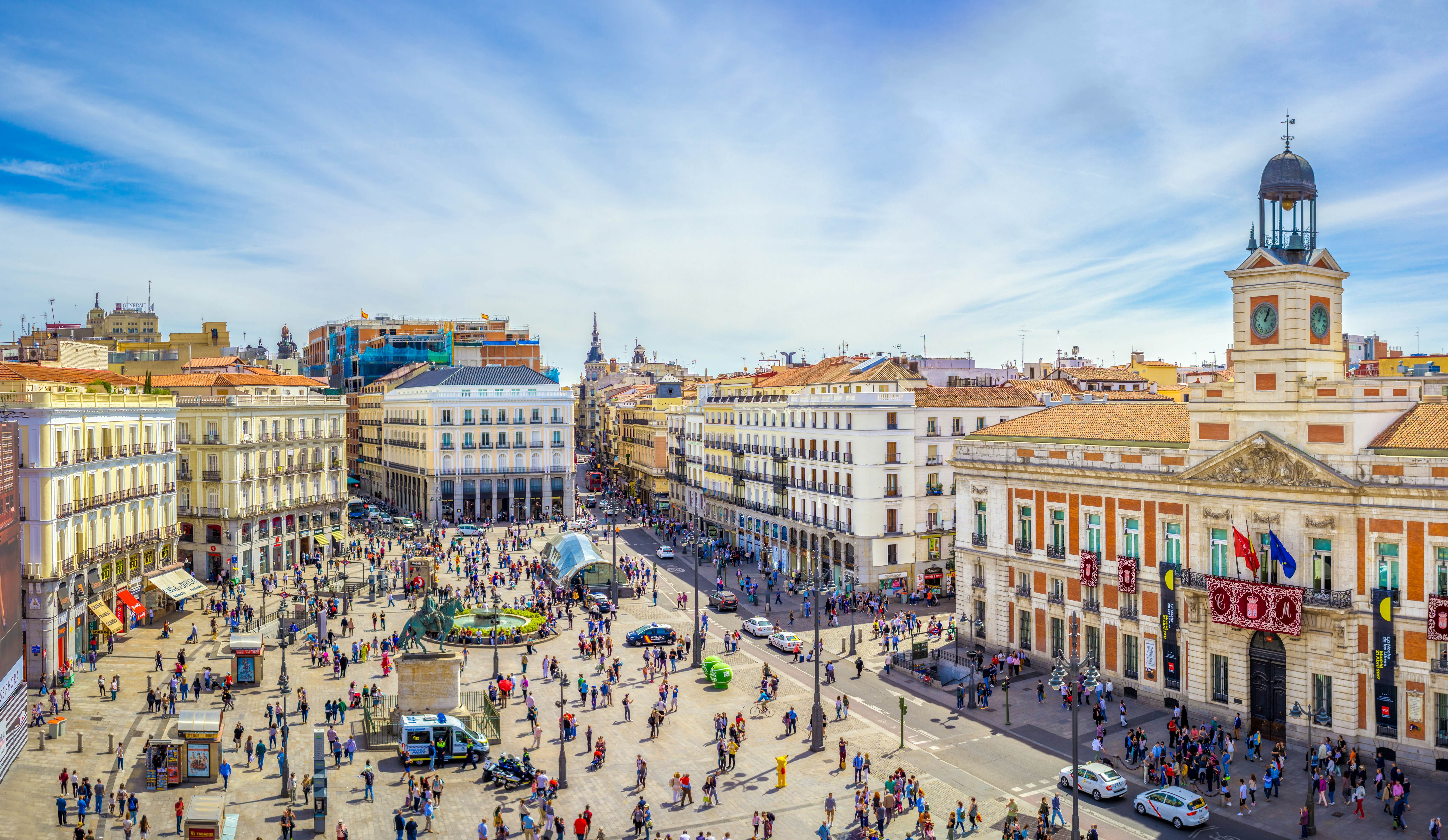 Madrid, Spain - 18 April 2017: The Puerta del Sol square is the main public space in Madrid. In the middle of the square is located the office of the President of the Community of Madrid., License Type: media, Download Time: 2025-08-05T08:14:50.000Z, User: krista950237, Editorial: true, purchase_order: 56500 - T&R or Kids, job: lobal Publishing WIP, client: A Kid's Guide To Spain, other: Krista Rossow