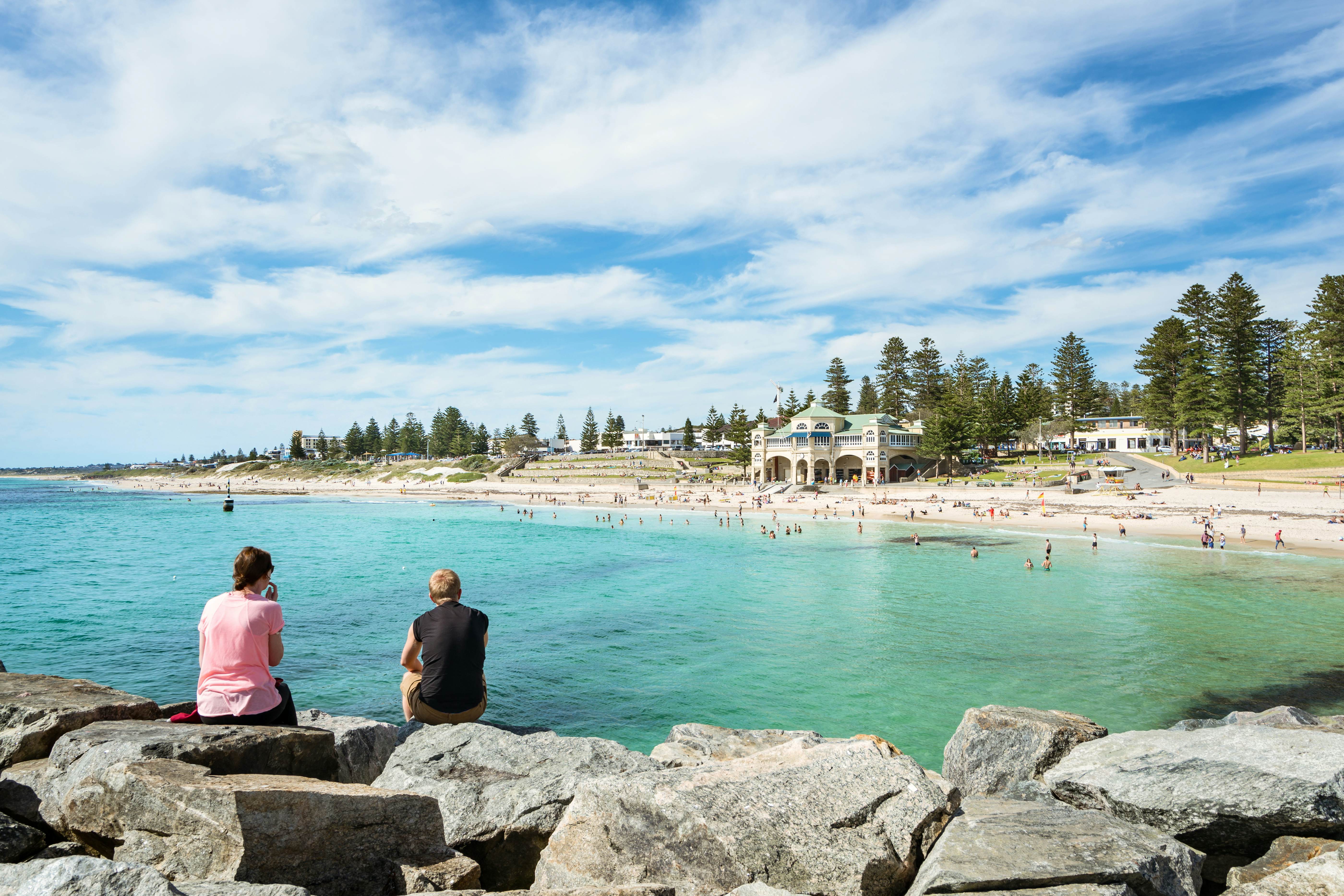 Cottesloe Beach on a warm Spring day with high cloud. Perth, Western Australia, Australia., License Type: media, Download Time: 2025-12-16T14:08:08.000Z, User: clairenaylor, Editorial: false, purchase_order: 65050 - Digital Destinations and Articles, job: Online editorial, client: Perth FTG, other: Claire Naylor