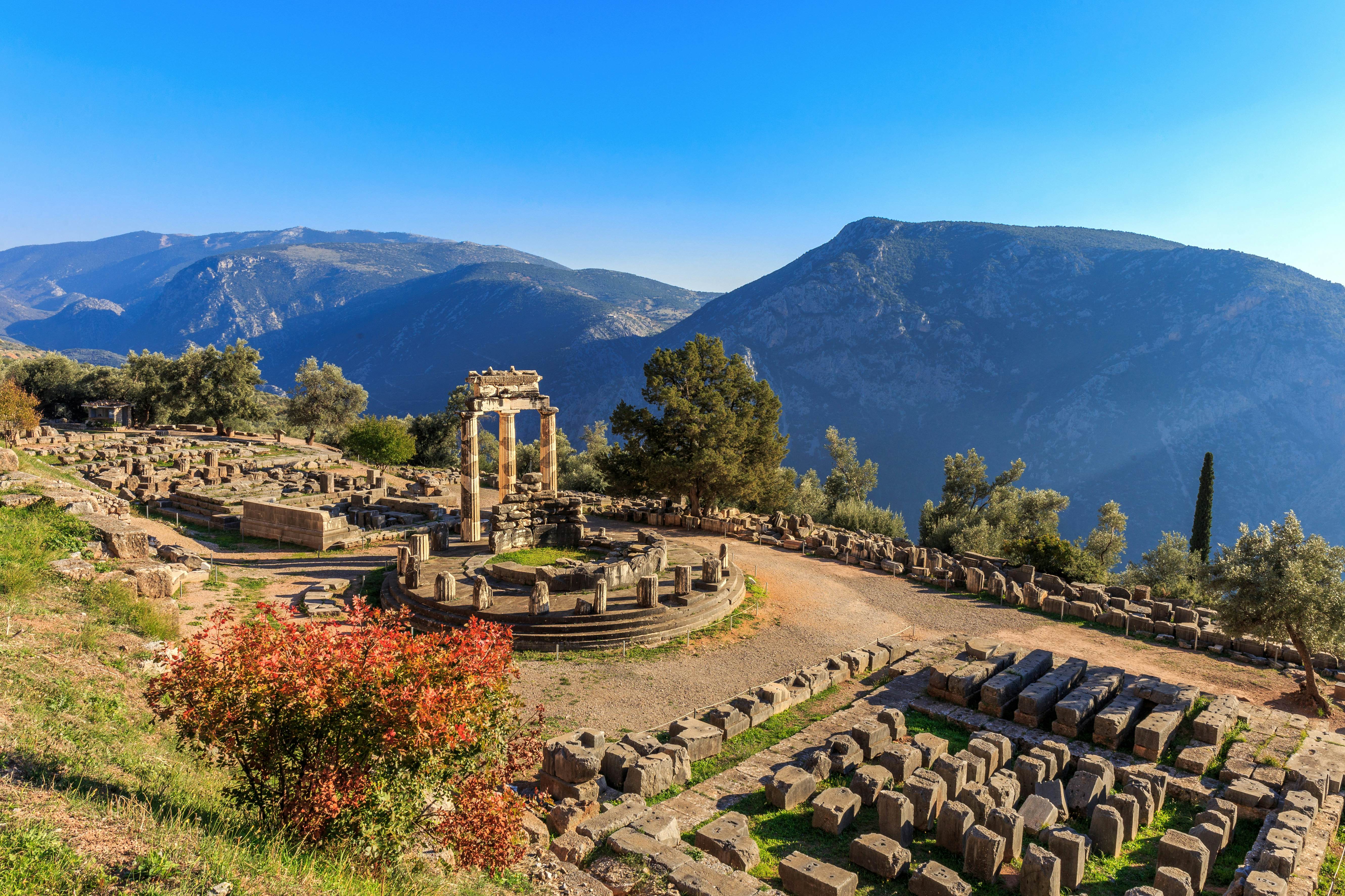 Ruins of Athina Pronaia Temple in ancient Delphi.