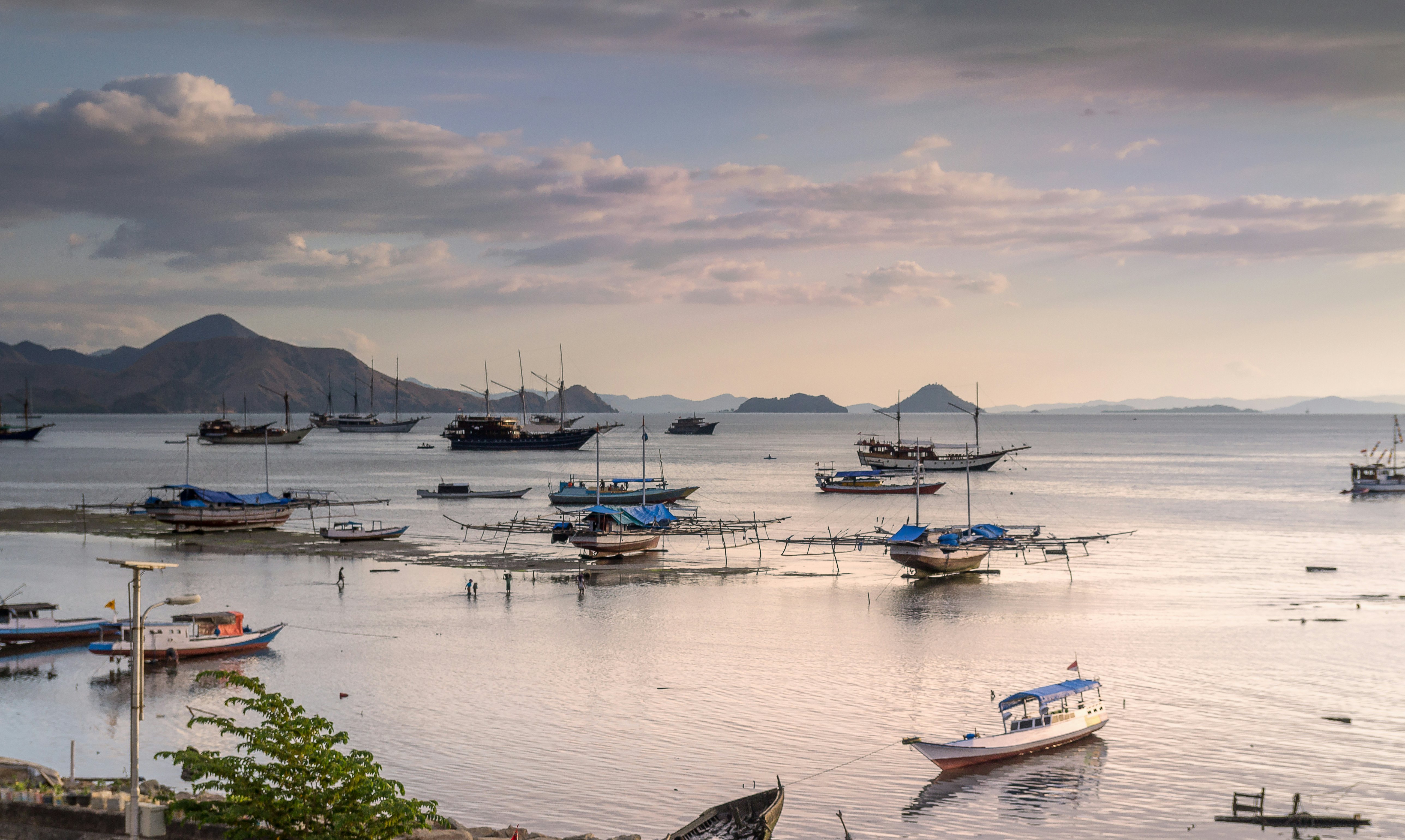 Boats in a harbor in Indonesia in violet light; islands are on the horizon.