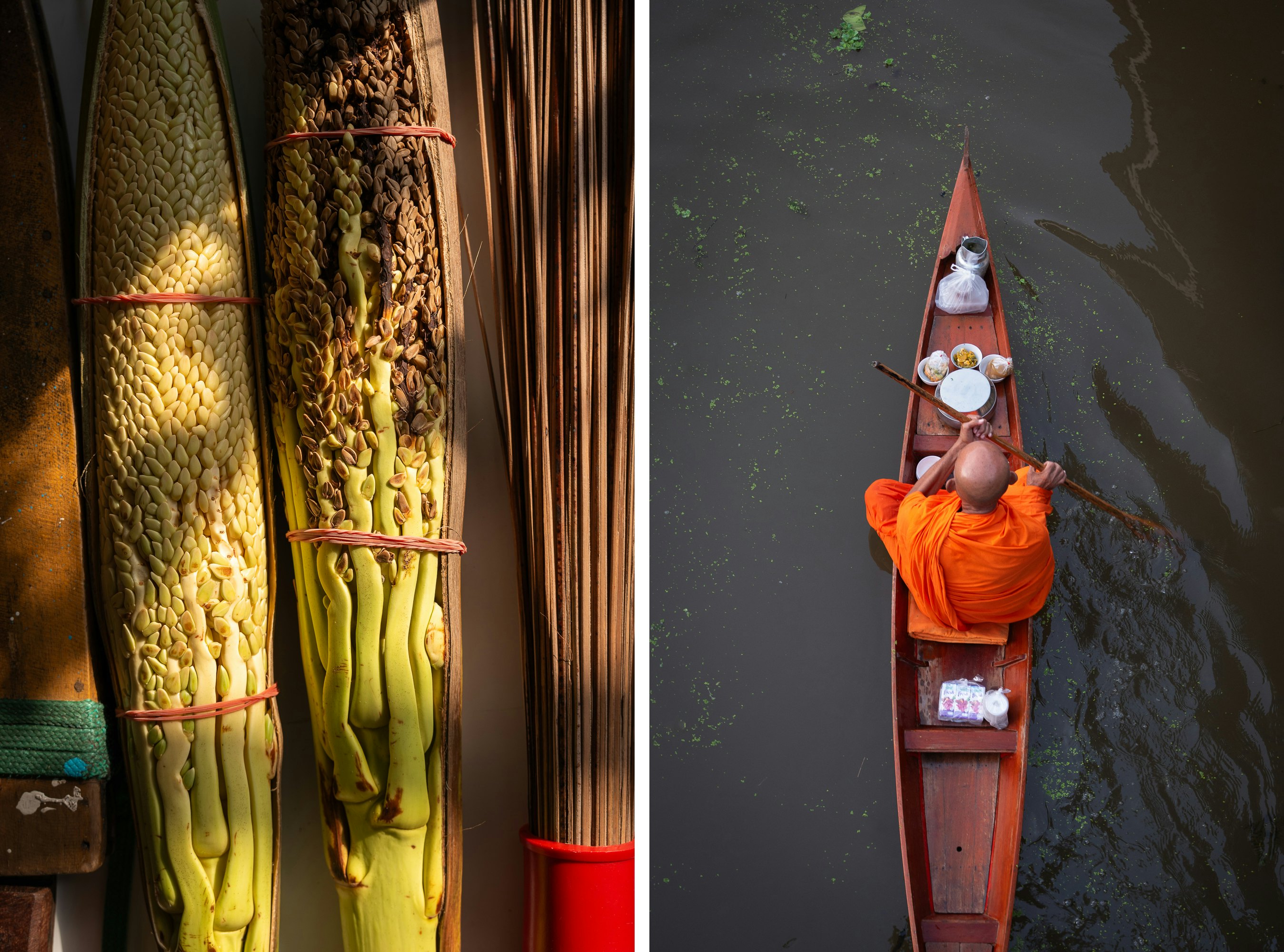 Two coconut bud stems, a knife and a broom made of the stiff midribs of coconut leaves at a traditional coconut-sugar house (left). An overhead view of a monk in saffron robes paddling a narrow boat (right).