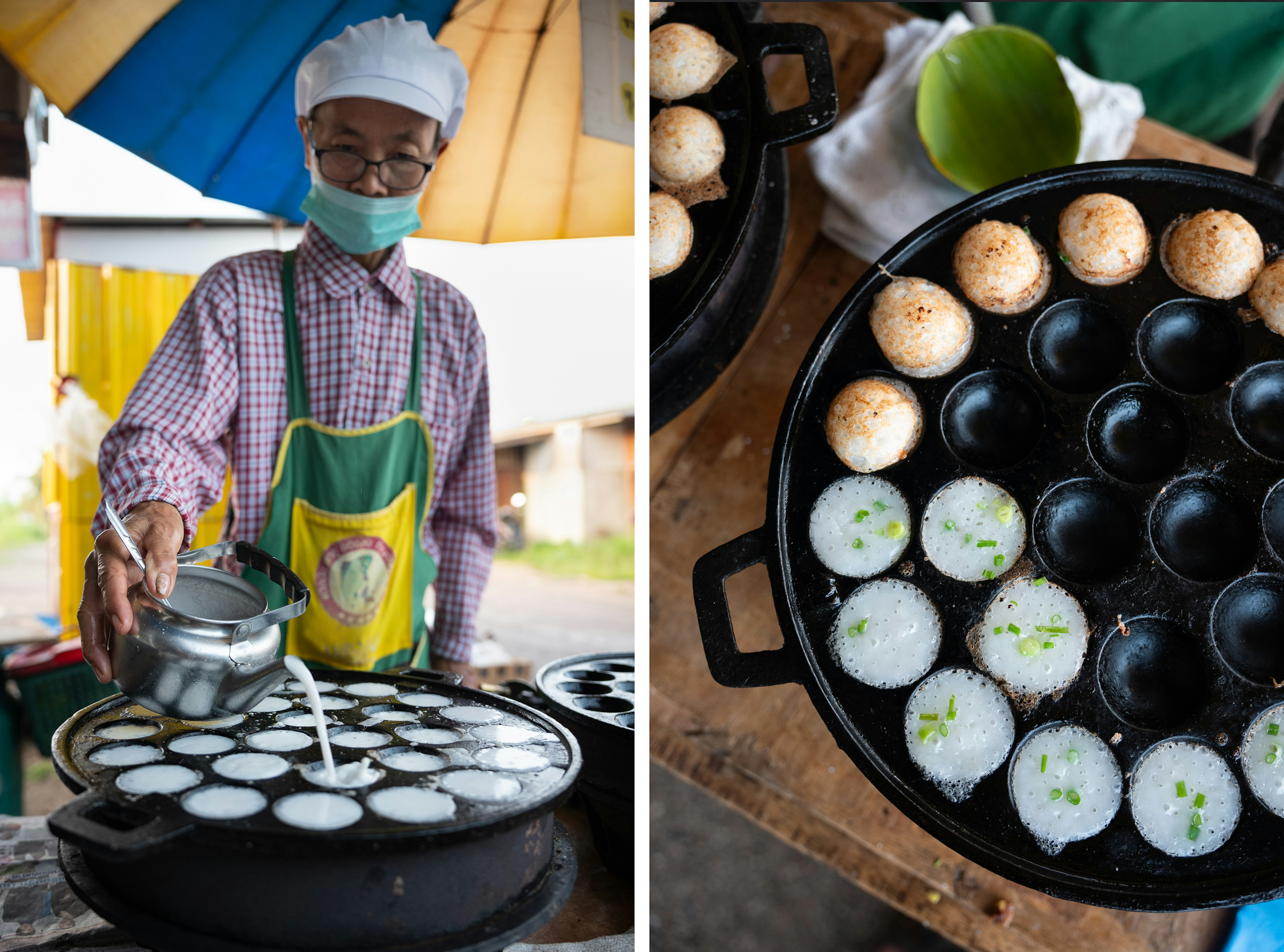 A vendor pours batter into a mold to prepare pancakes.