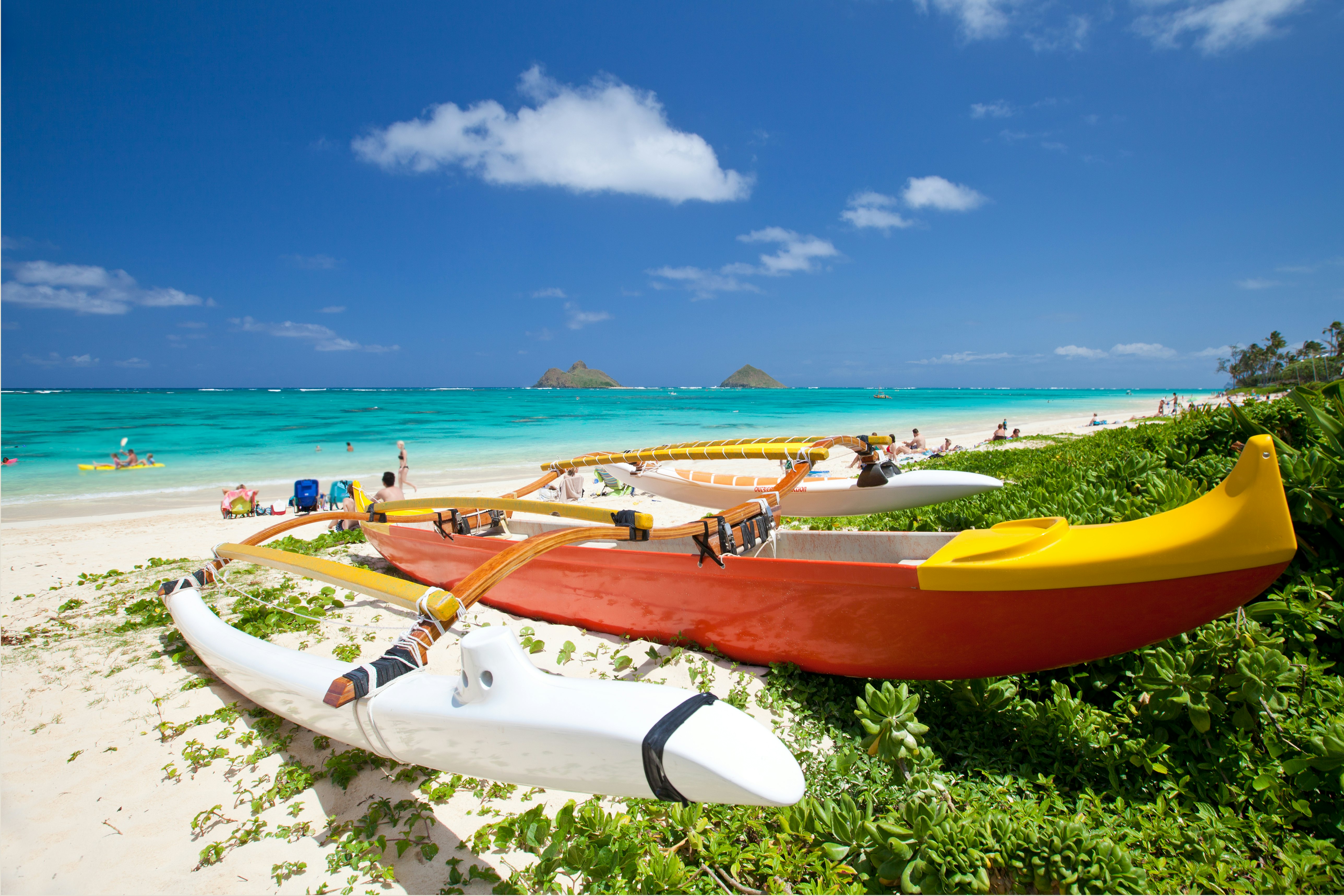 Outrigger canoe on lanikai Beach, Kailua, Oahu, Hawaii.