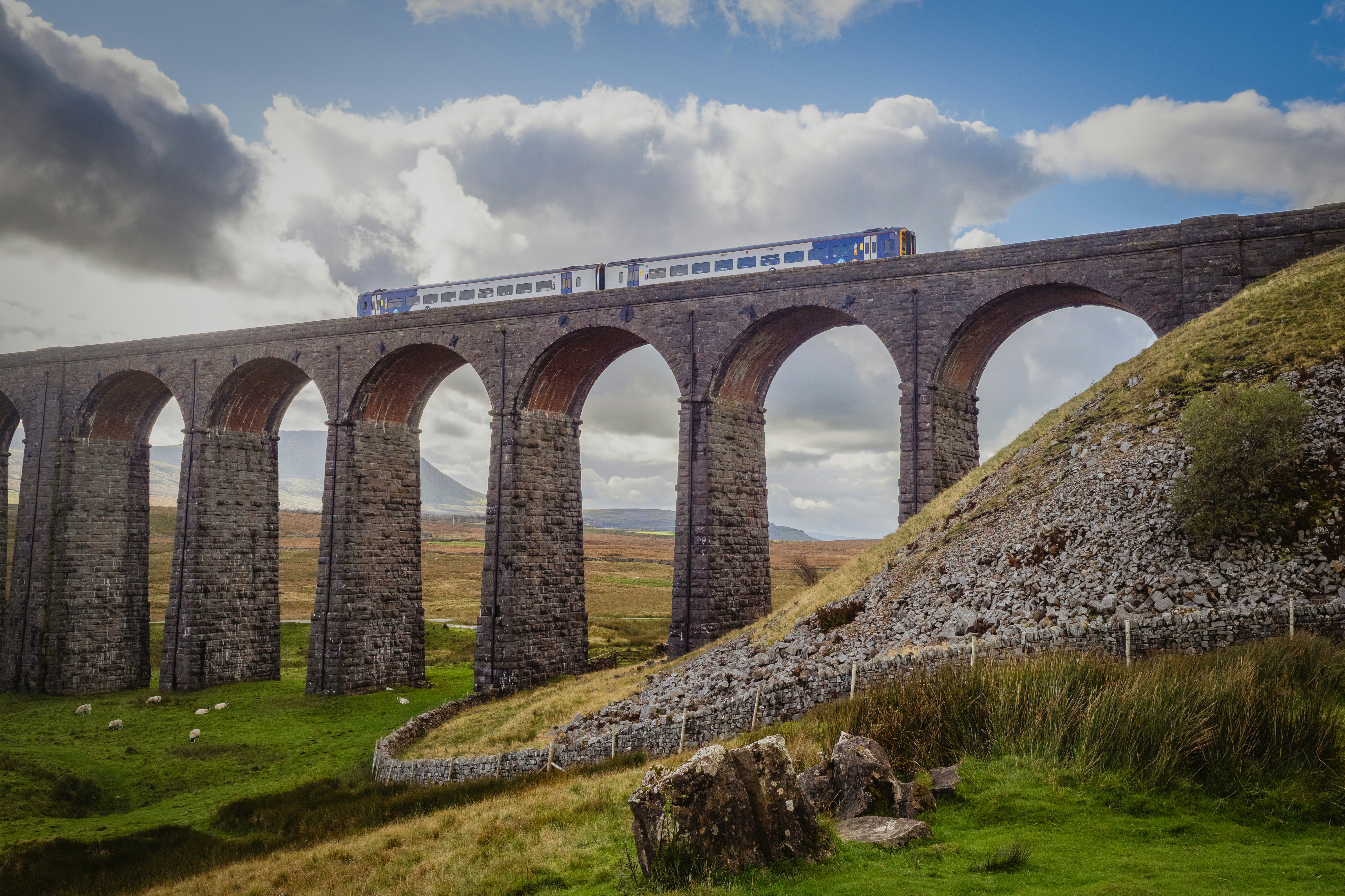 A multi-arched bridge above fields of sheep is crossed by a train.