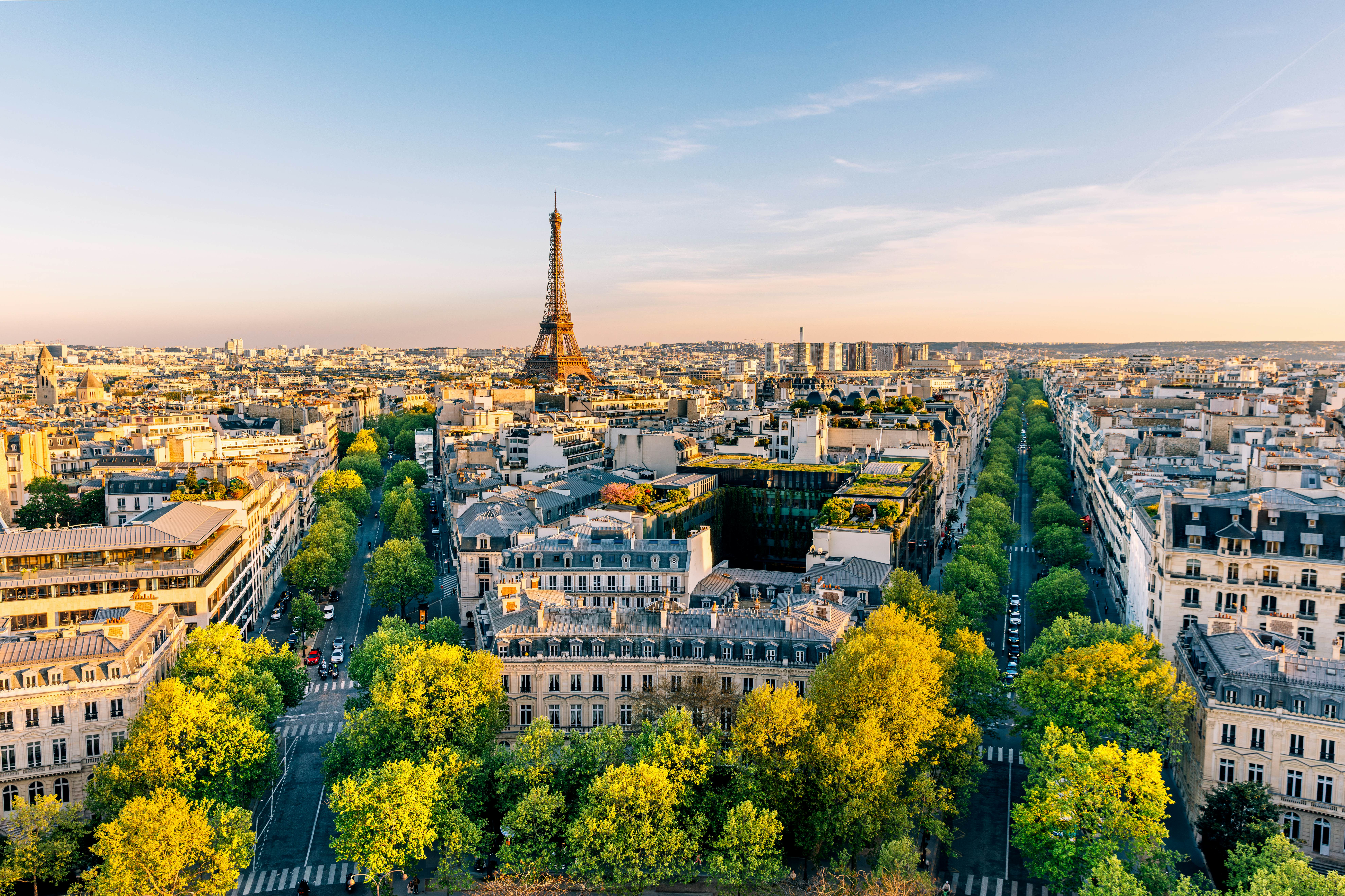 GettyImages-2197457906.jpg
Paris cityscape with Eiffel Tower and green trees on a sunny summer day, high angle view, France