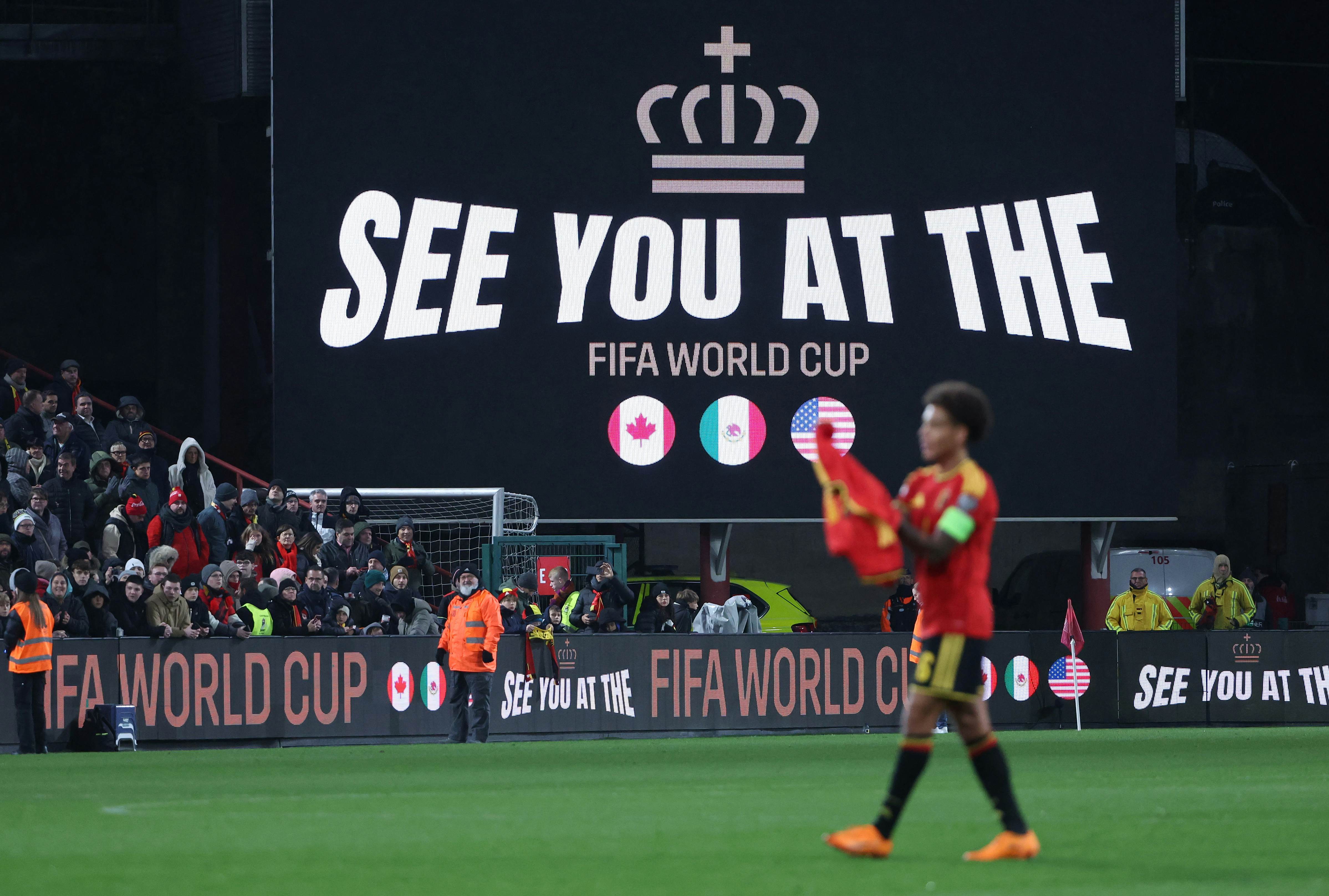 Text saying "see you at the FIFA World Cup" is shown on the screen inside the stadium after Belgium qualify during the FIFA World Cup 2026 qualifier match between Belgium and Liechtenstein on November 18, 2025 in Liege, Belgium.