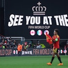Text saying "see you at the FIFA World Cup" is shown on the screen inside the stadium after Belgium qualify during the FIFA World Cup 2026 qualifier match between Belgium and Liechtenstein on November 18, 2025 in Liege, Belgium.