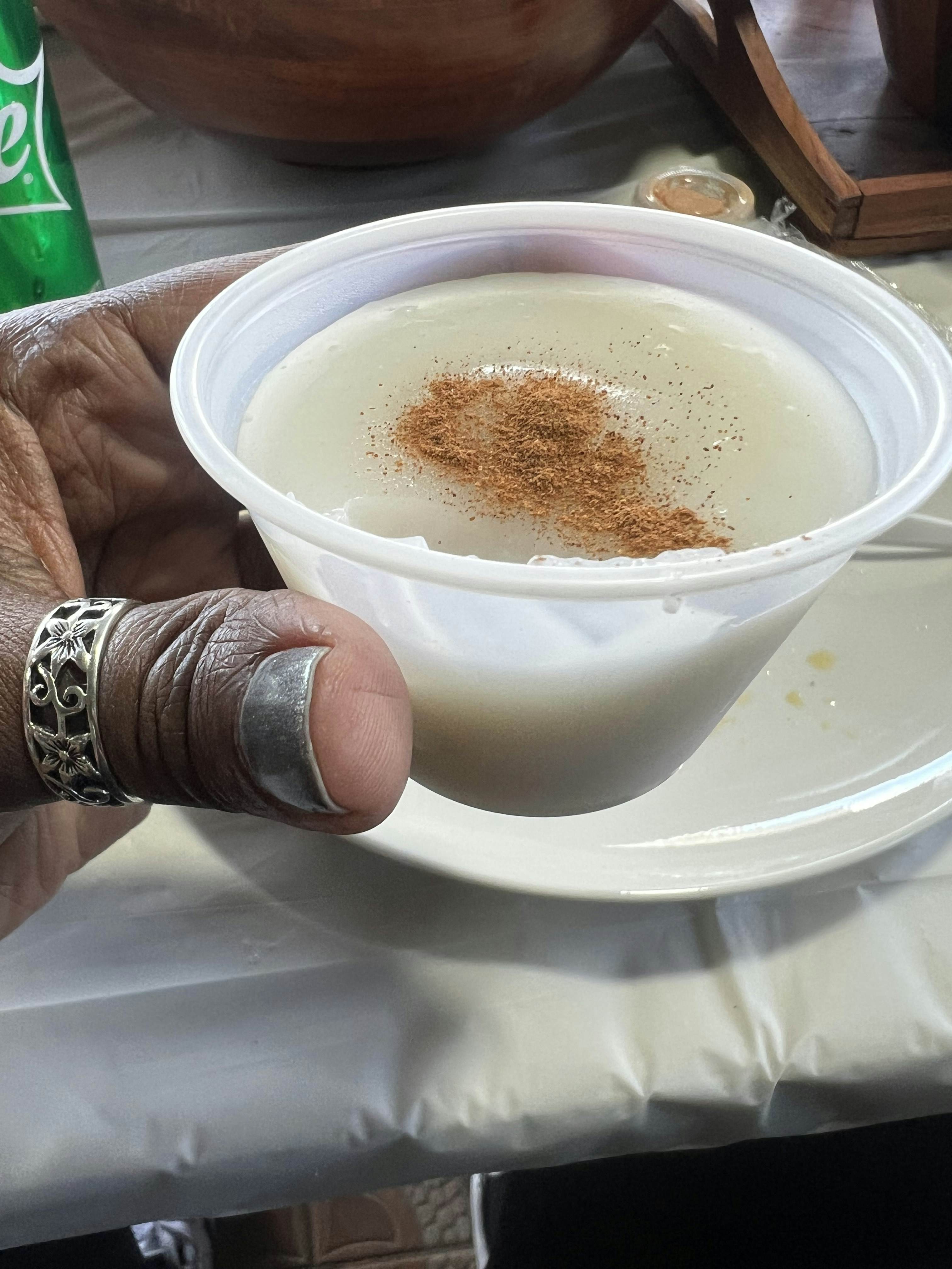 White custard, with a dusting of cinnamon, in a plastic cup.