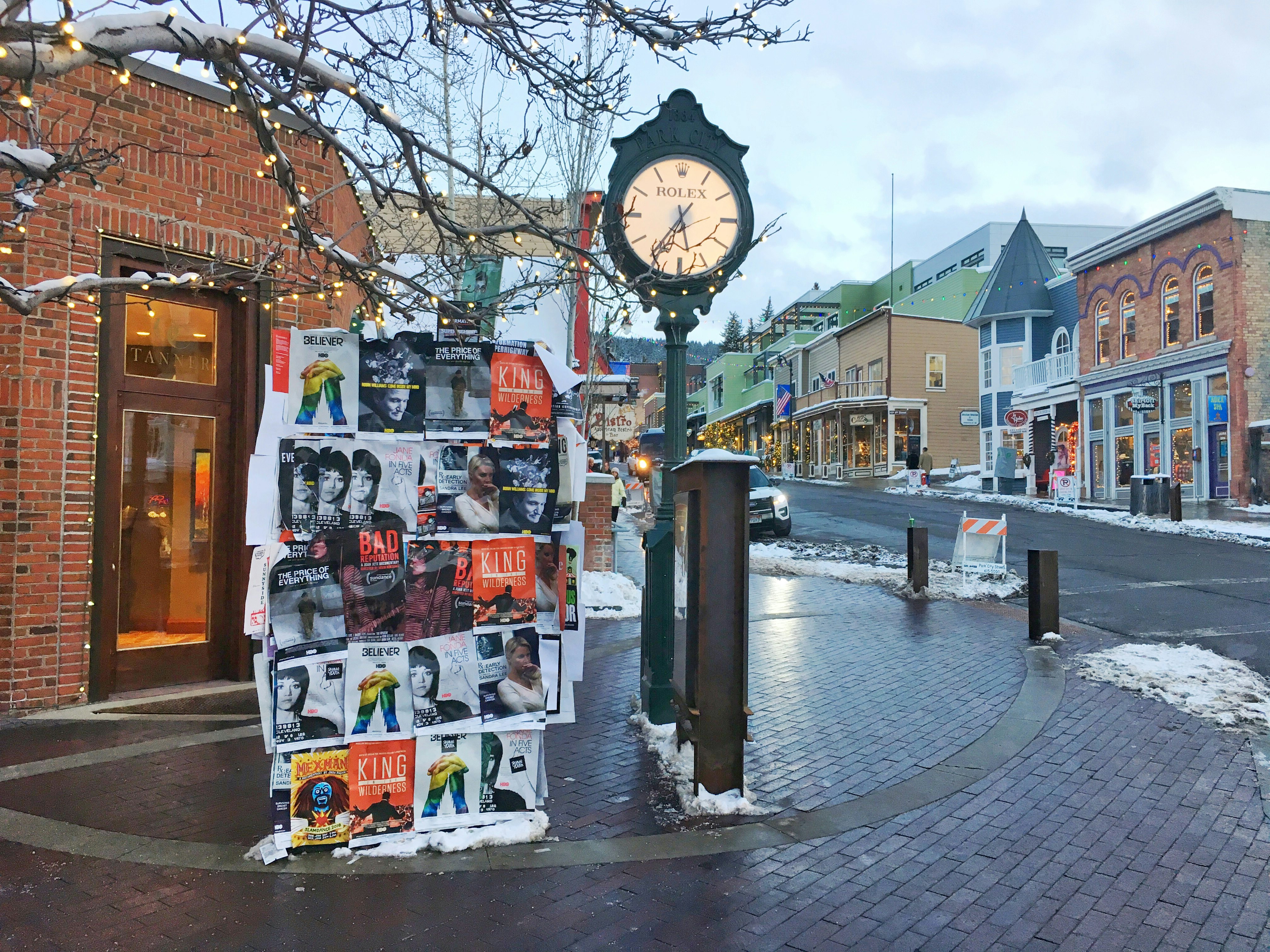 Bulletin board with Sundance movie posters outside on the streets of Main Street park city. Sundance film festival is a popular attraction in park city
