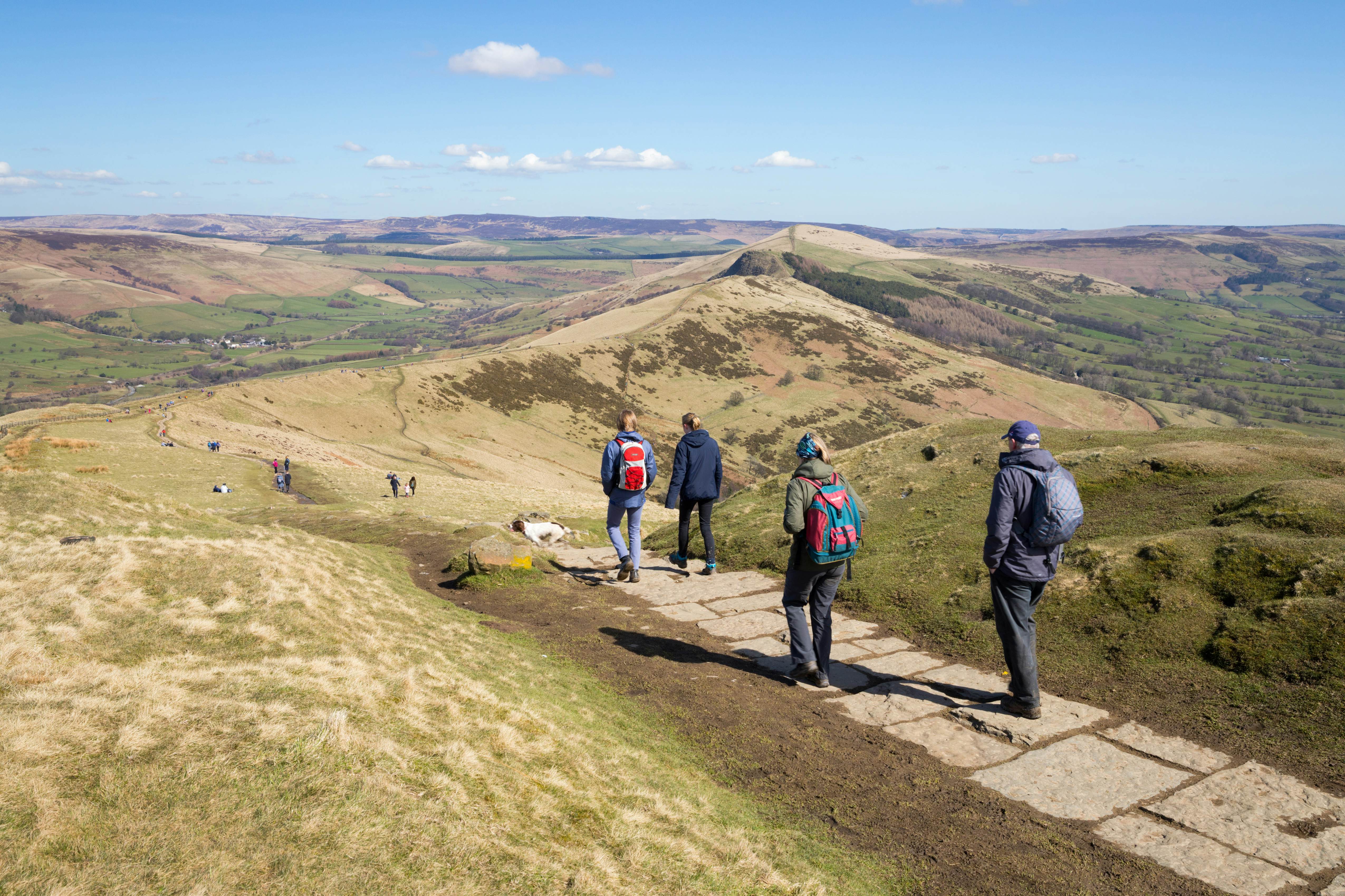 A small group of hikers follow a trail through rolling hills on a sunny day. 