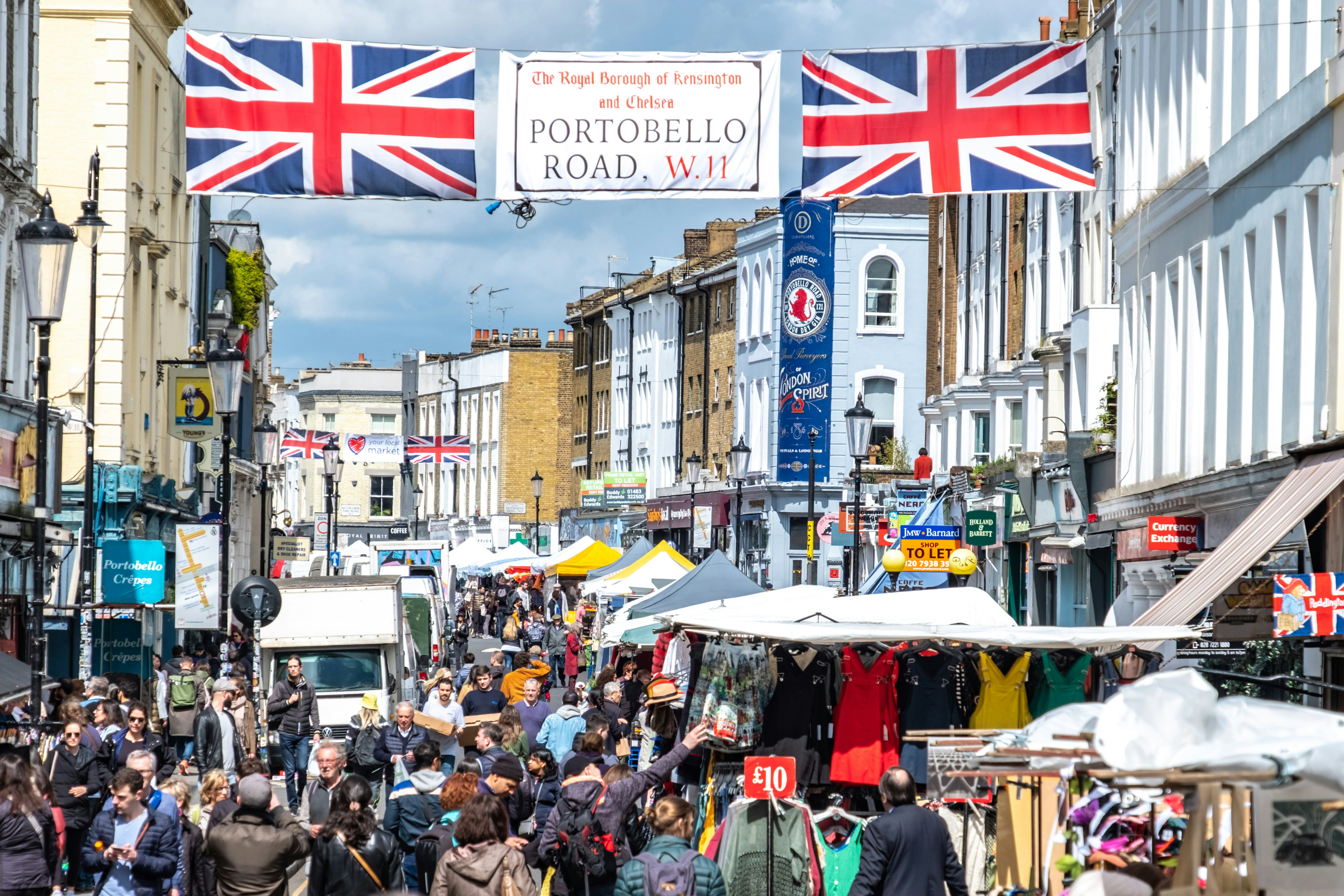 Portobello Road Market, a famous antiques street market in Notting Hill in west London