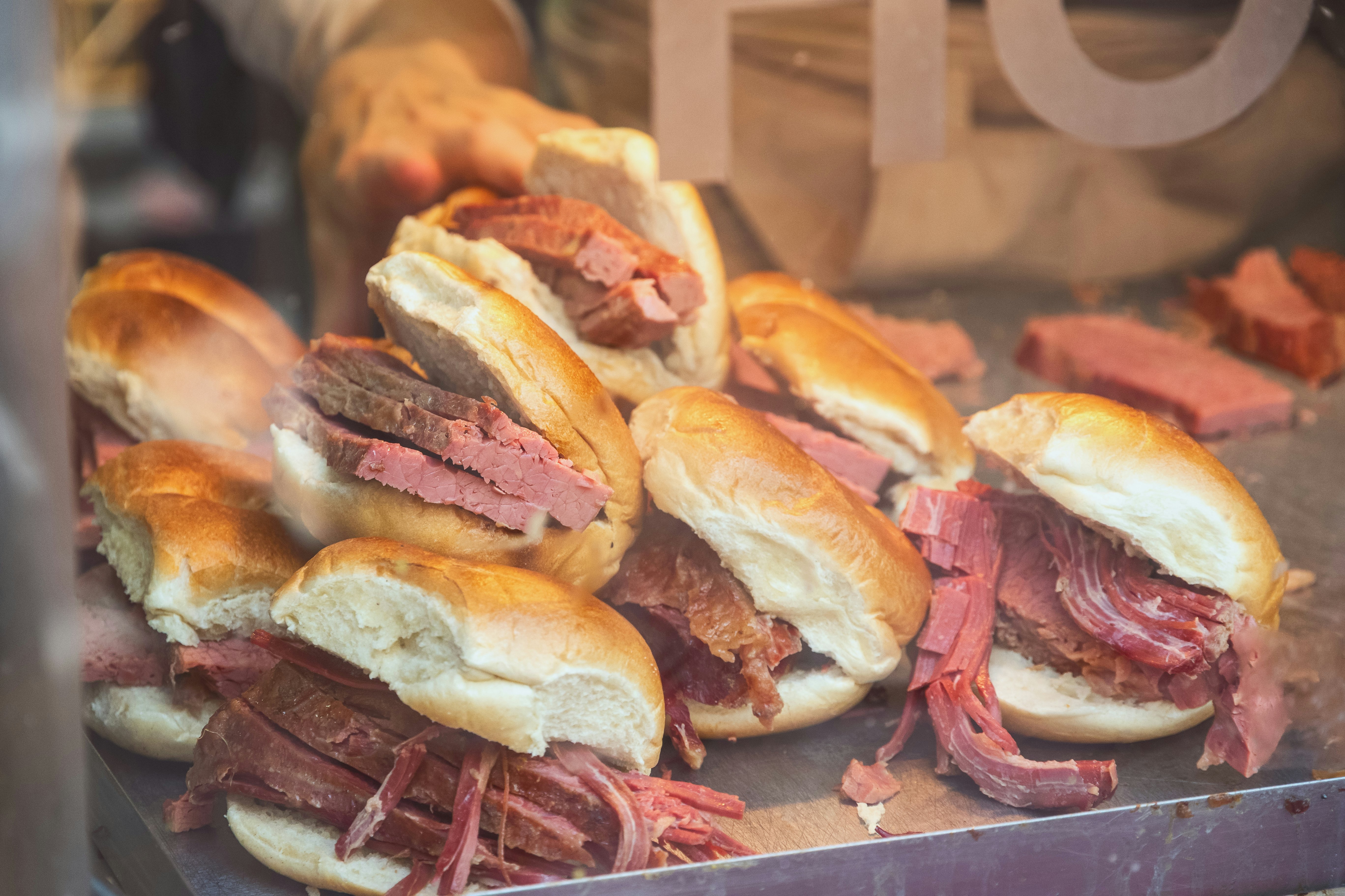 Salt beef bagels displayed at a bagel shop of Brick Lane market in London