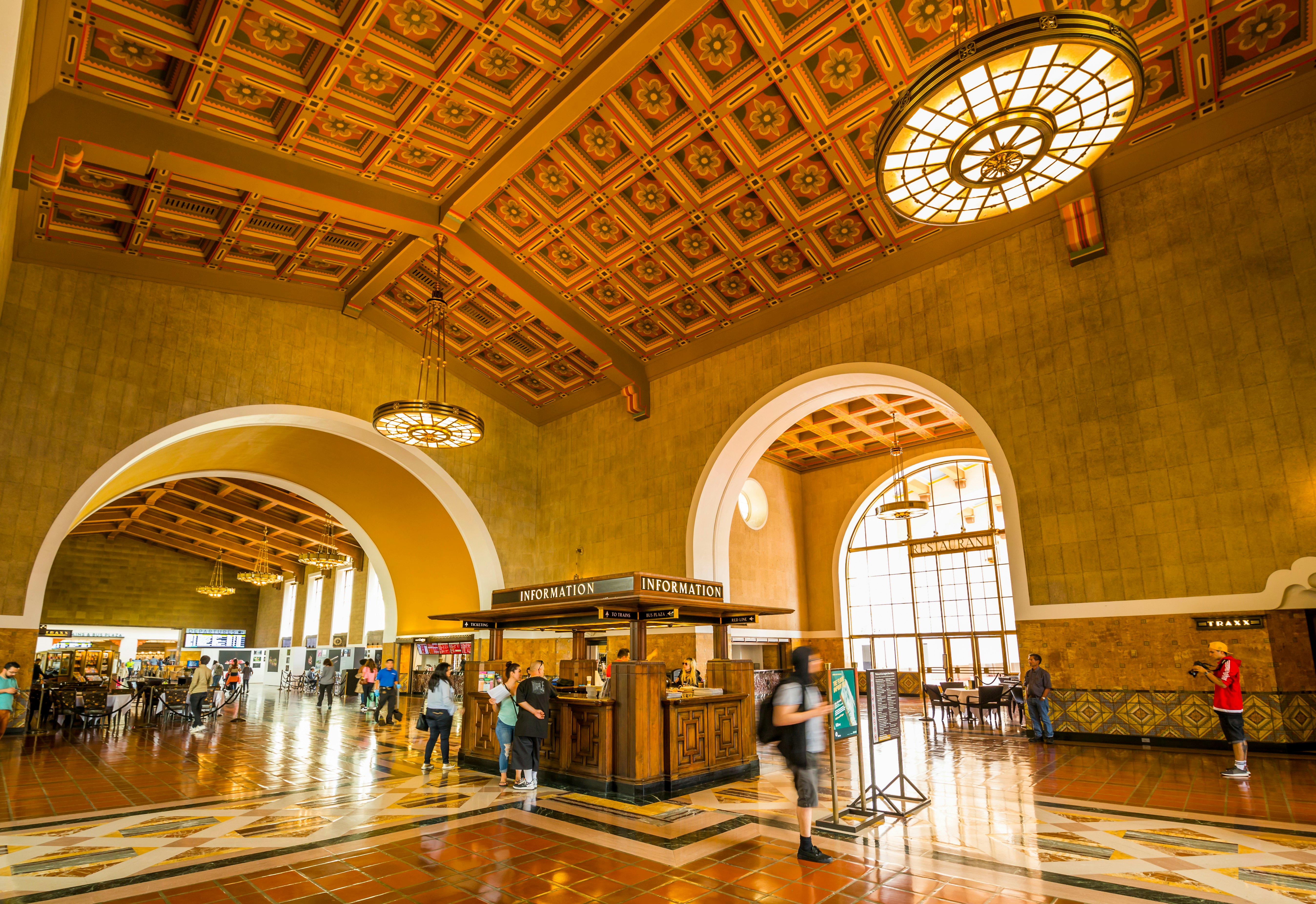 People in the grand waiting room at Union Station, Los Angeles, California, USA
