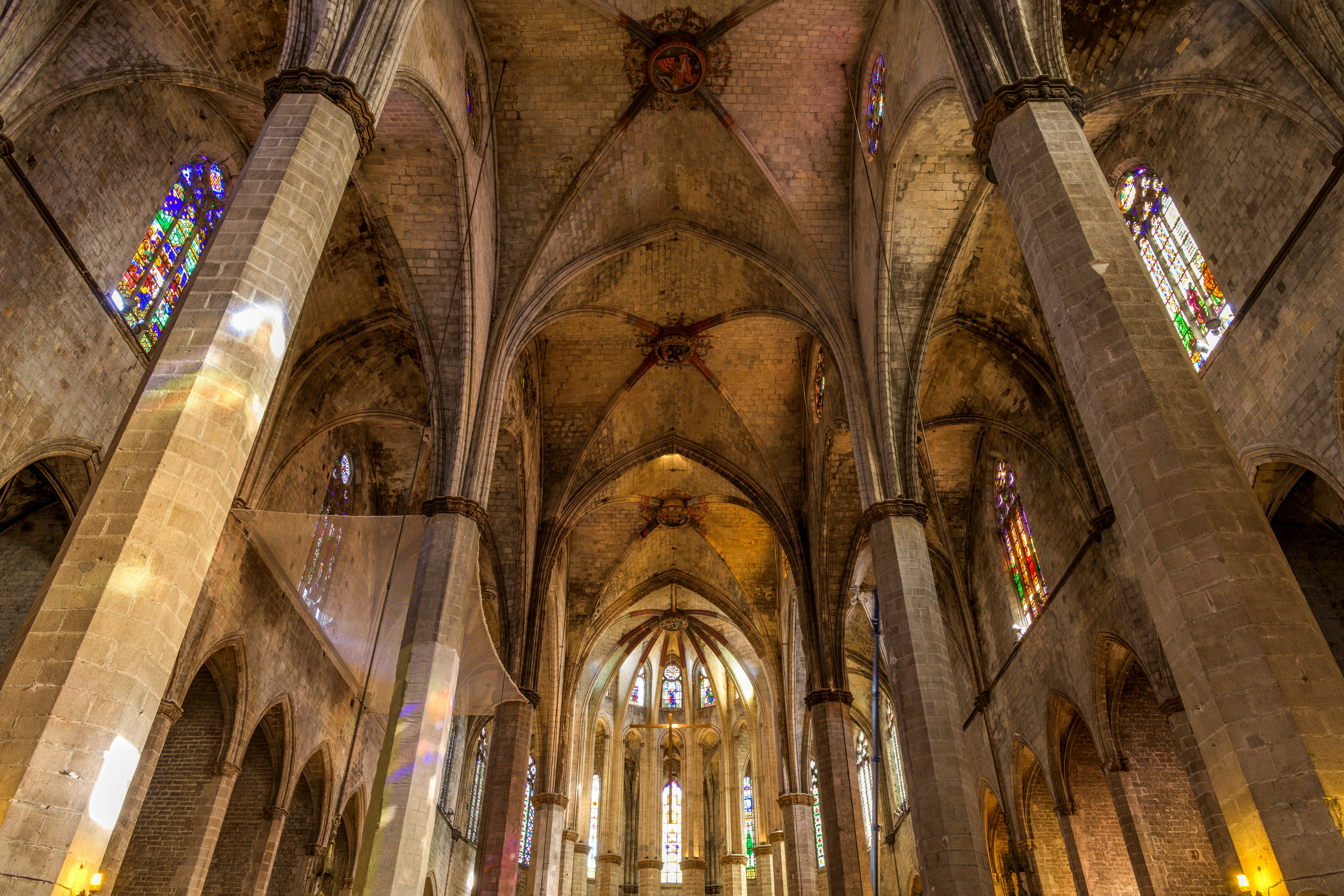 Gothic arches inside a church in Barcelona, Spain.